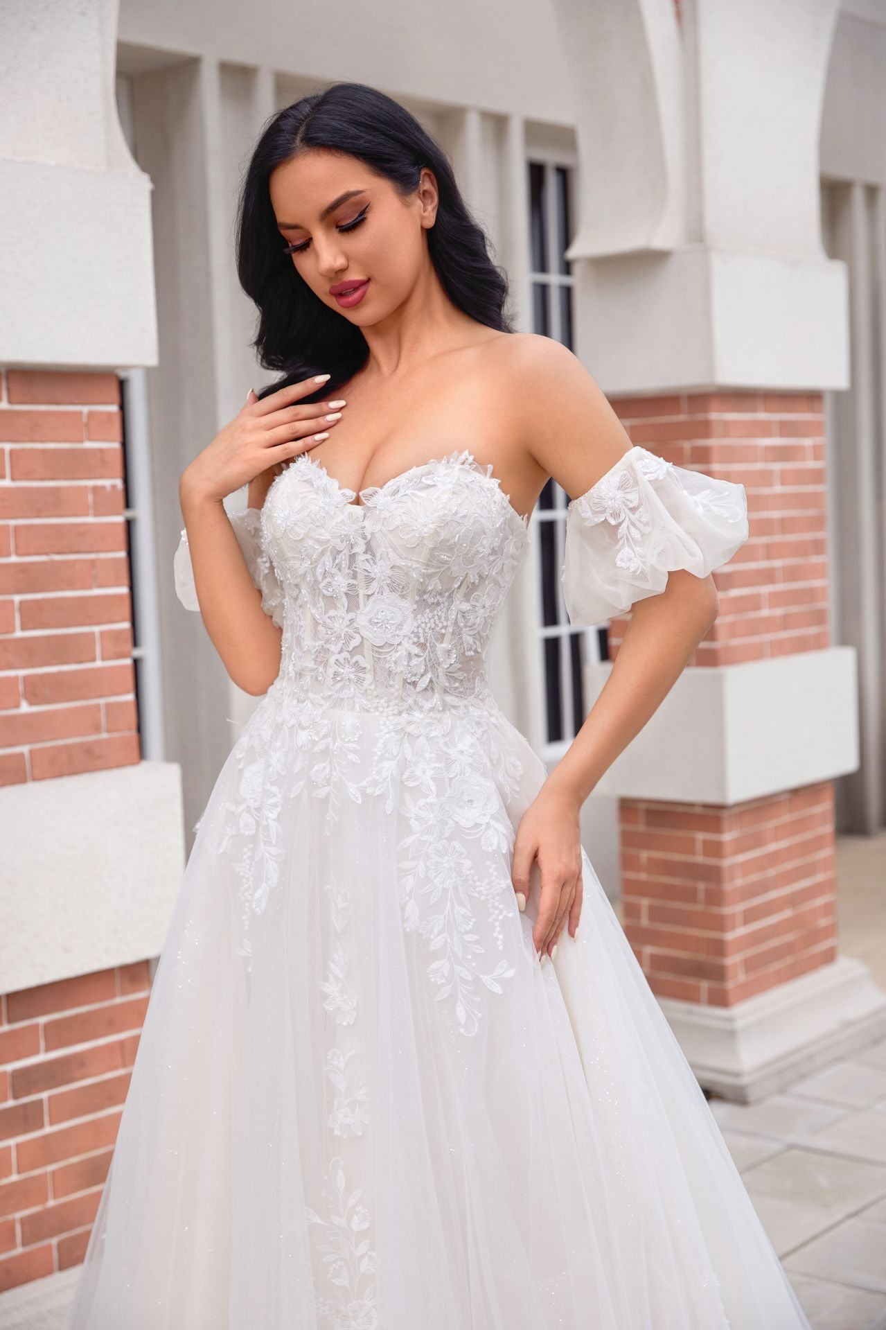 Ball Gown Lace Tulle Handmade WEDDING DRESS With Detachable Sleeves LVB2503