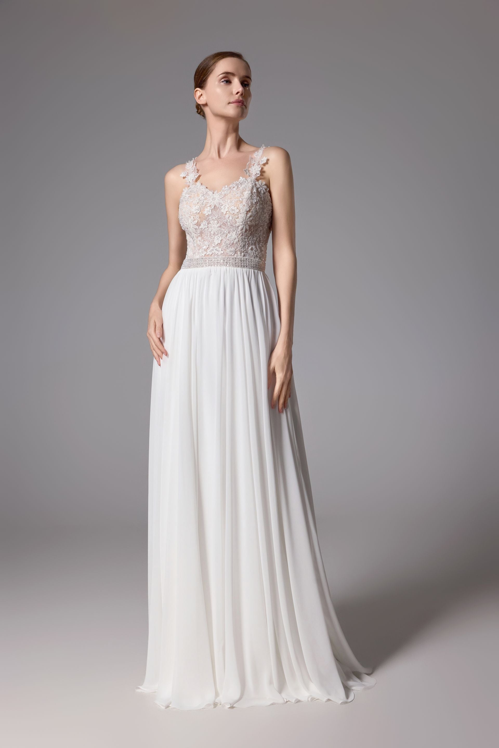 beaded wedding dress with a romantic chiffon skirt LVS2407