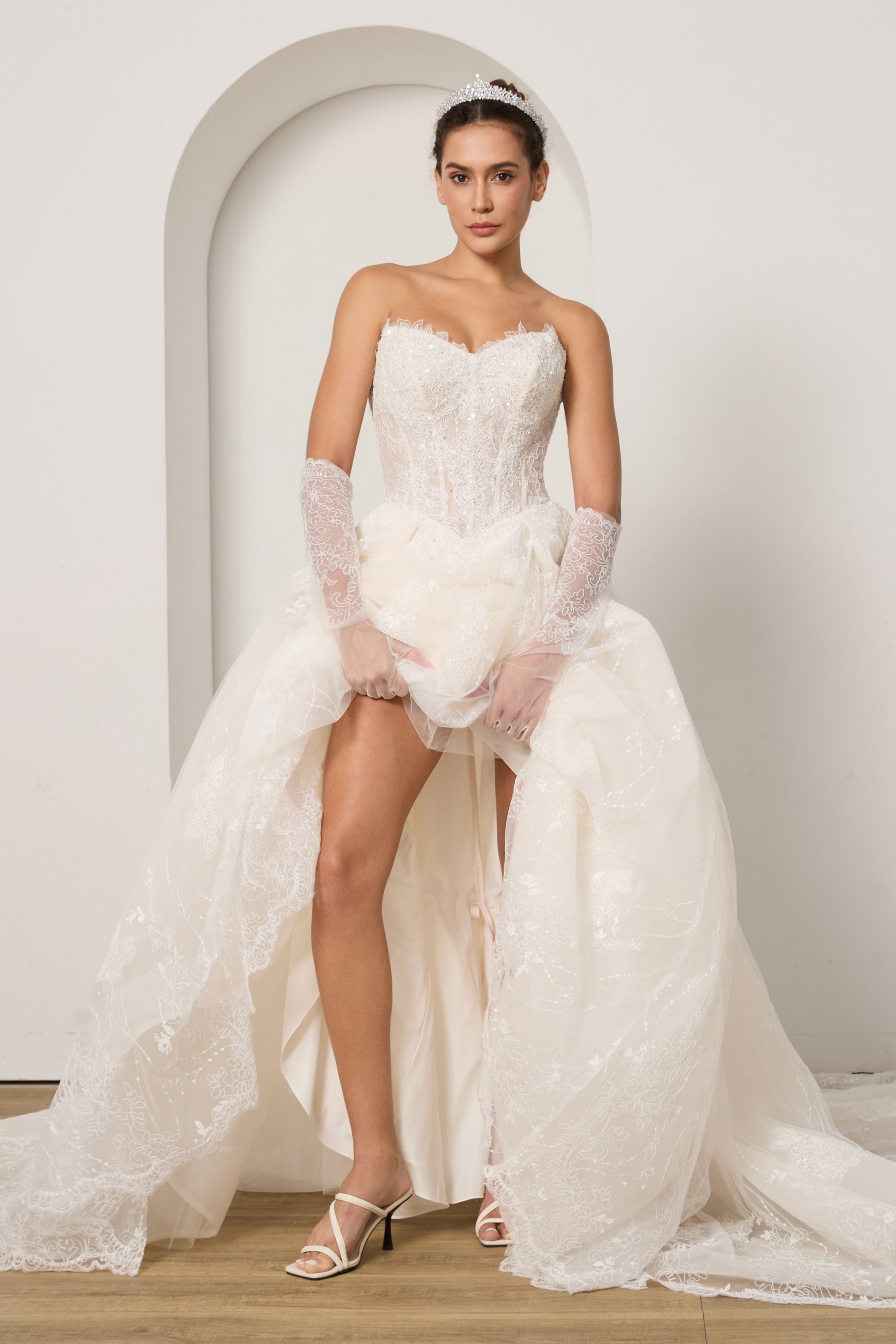 Your Complete Bridal Look: Lace Beaded Dress+ Detachable Sleeves+ Veil+ Gloves +Hairpiece | Value Package LVB2702