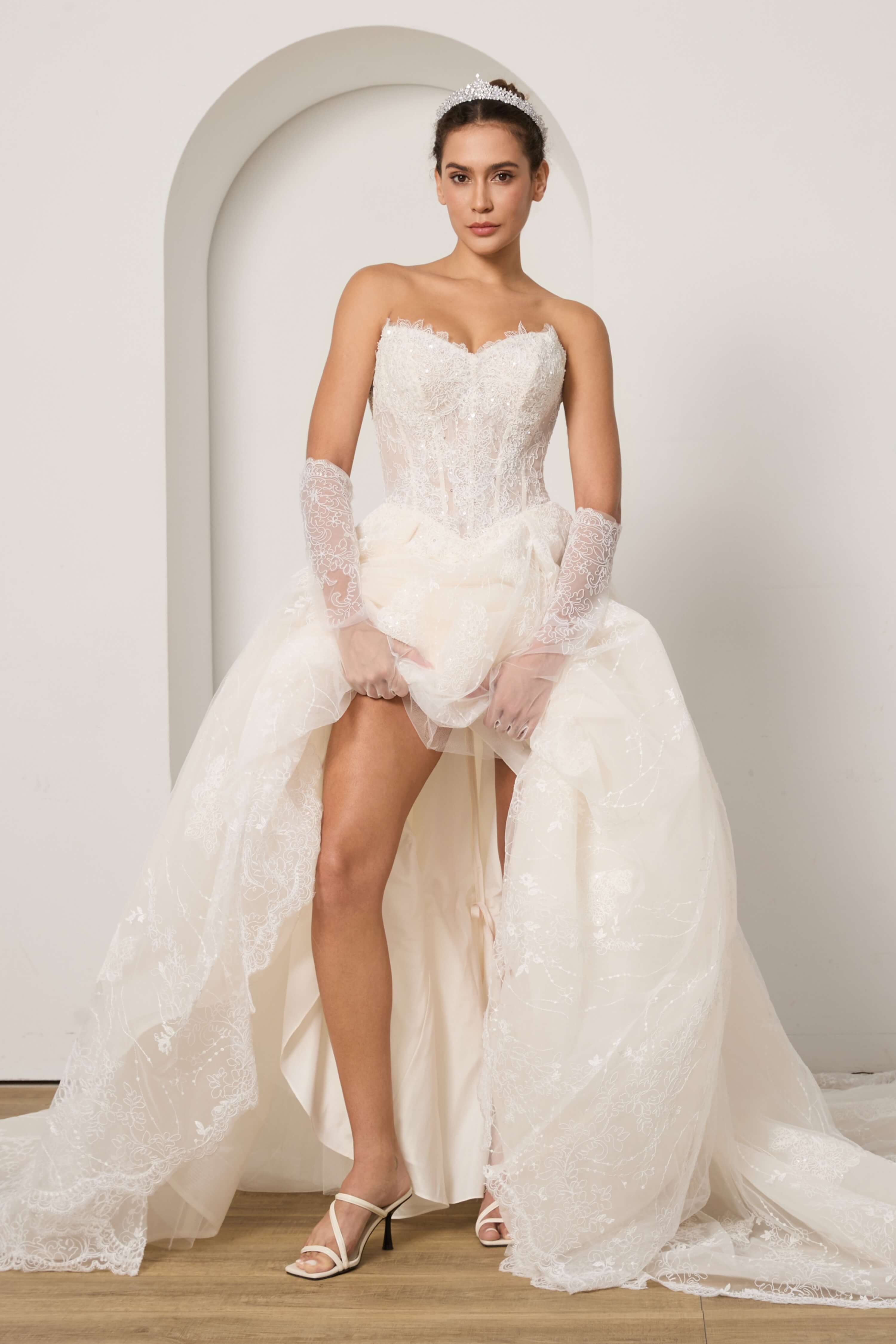 Beaded Lace Wedding Dress Set with Sleeves Veil and Gloves-AND Bride