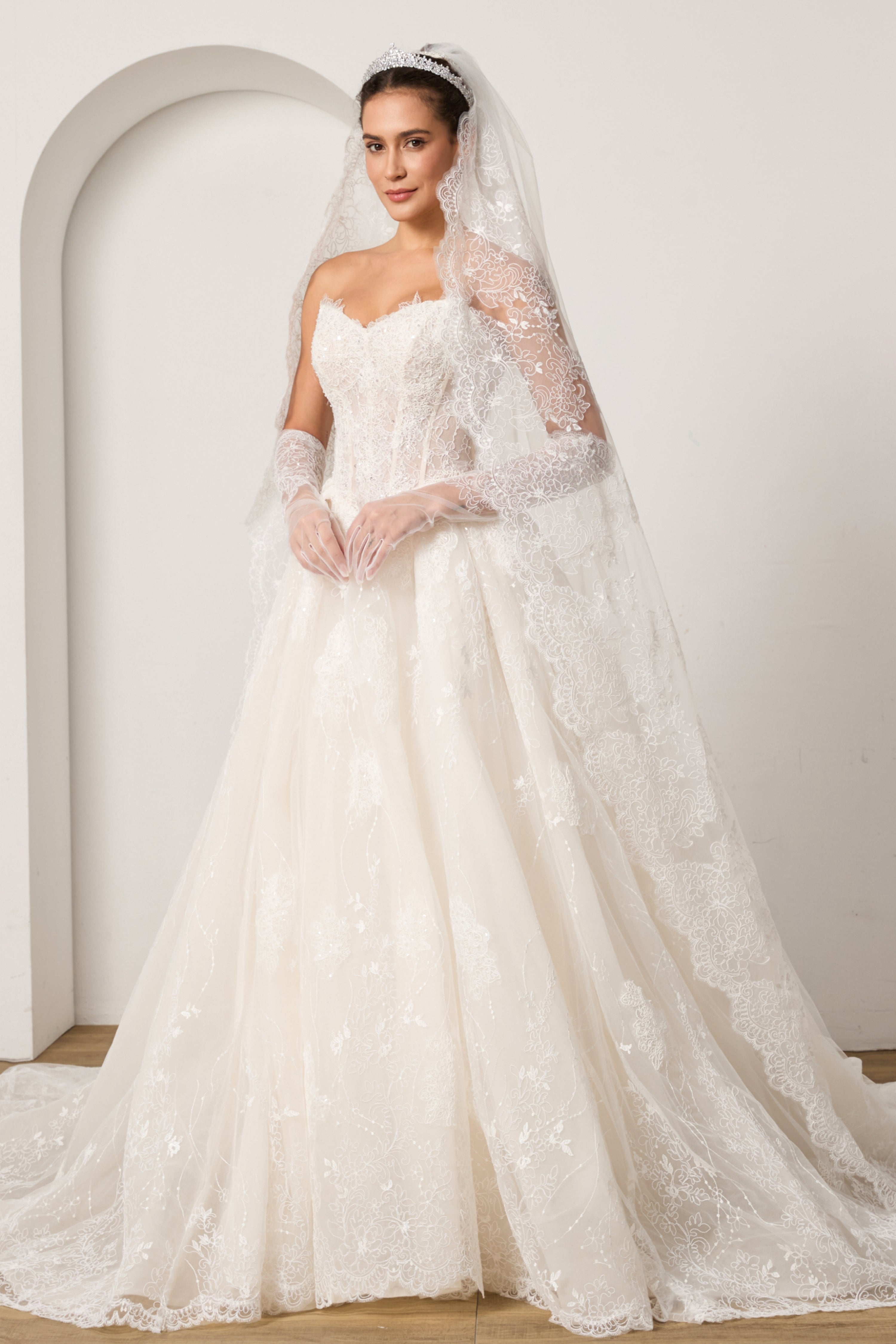 Your Complete Bridal Look: Lace Beaded Dress+ Detachable Sleeves+ Veil+ Gloves +Hairpiece | Value Package LVB2702