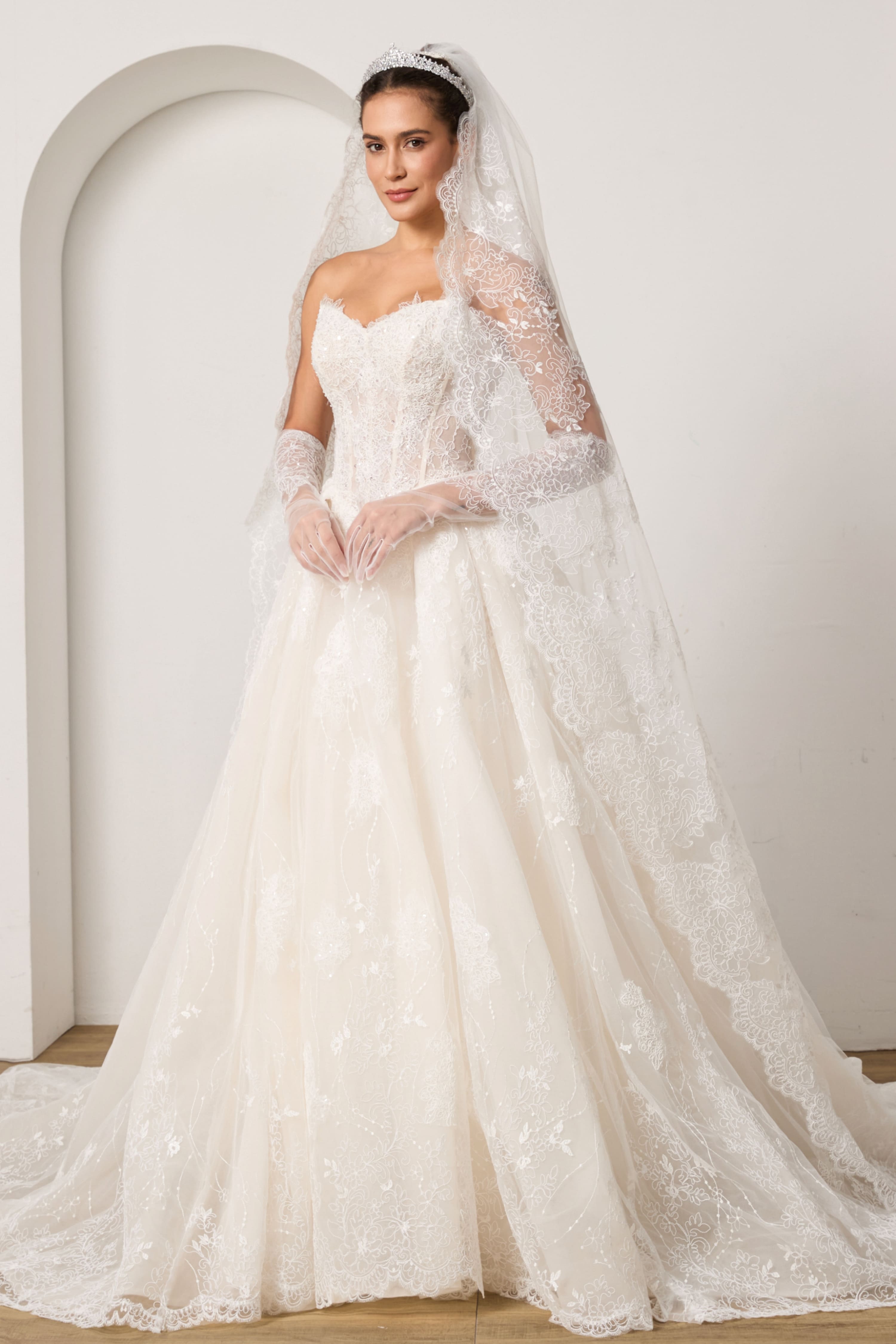Beaded Lace Wedding Dress Set with Sleeves Veil and Gloves-AND Bride