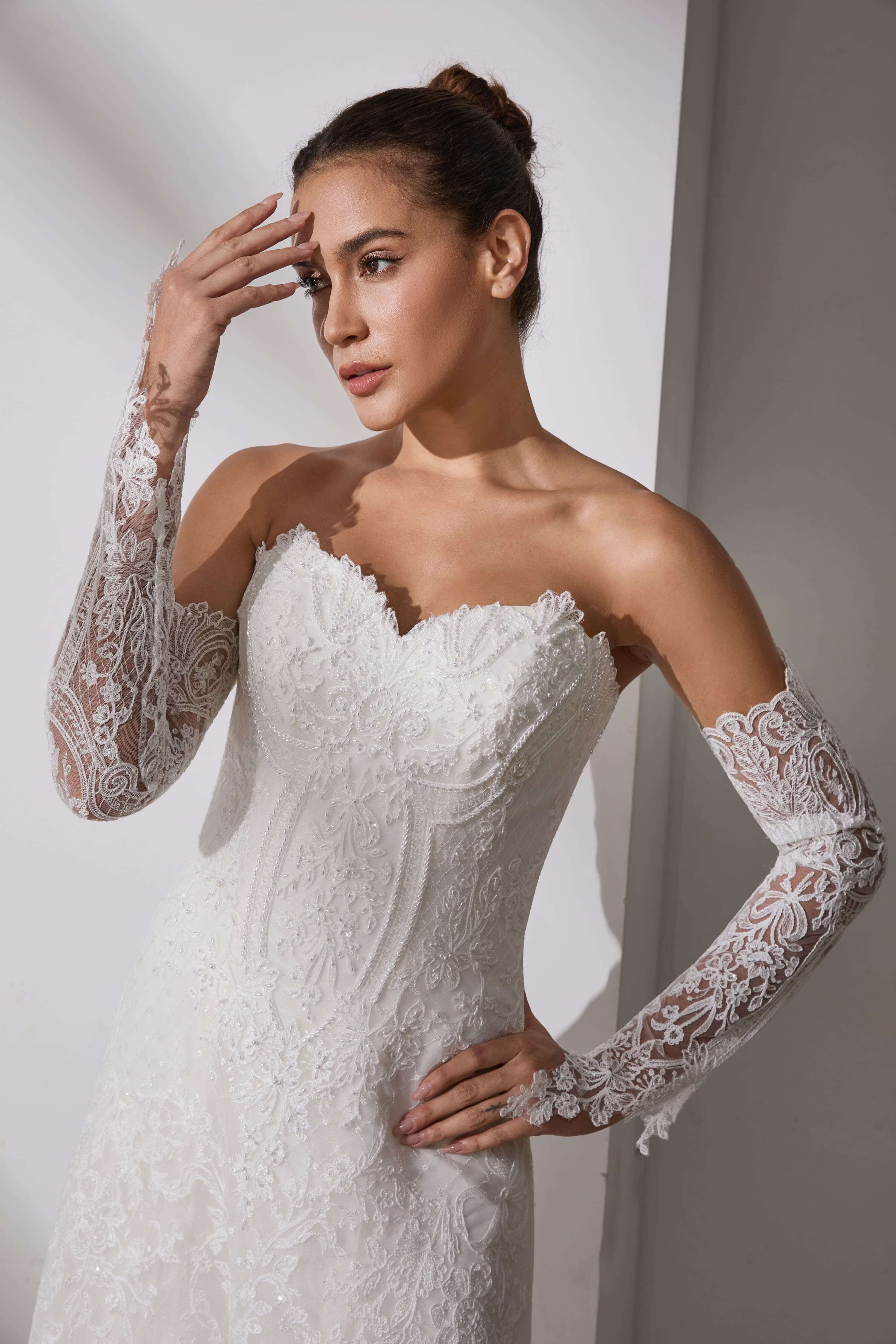 Satin Wedding Dress with Veil and Gloves All-in-One Set-AND Bride