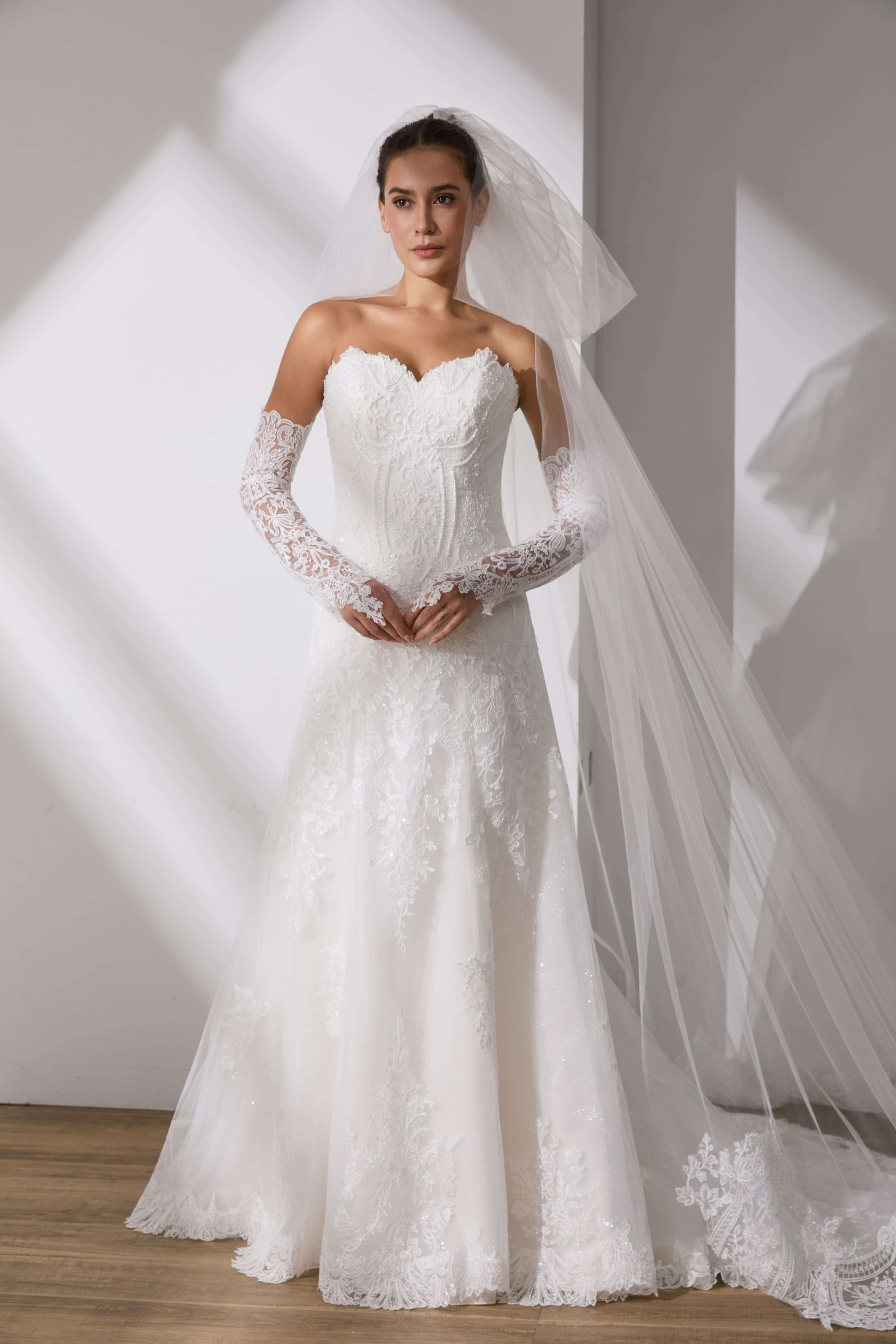 Satin Wedding Dress with Veil and Gloves All-in-One Set-AND Bride
