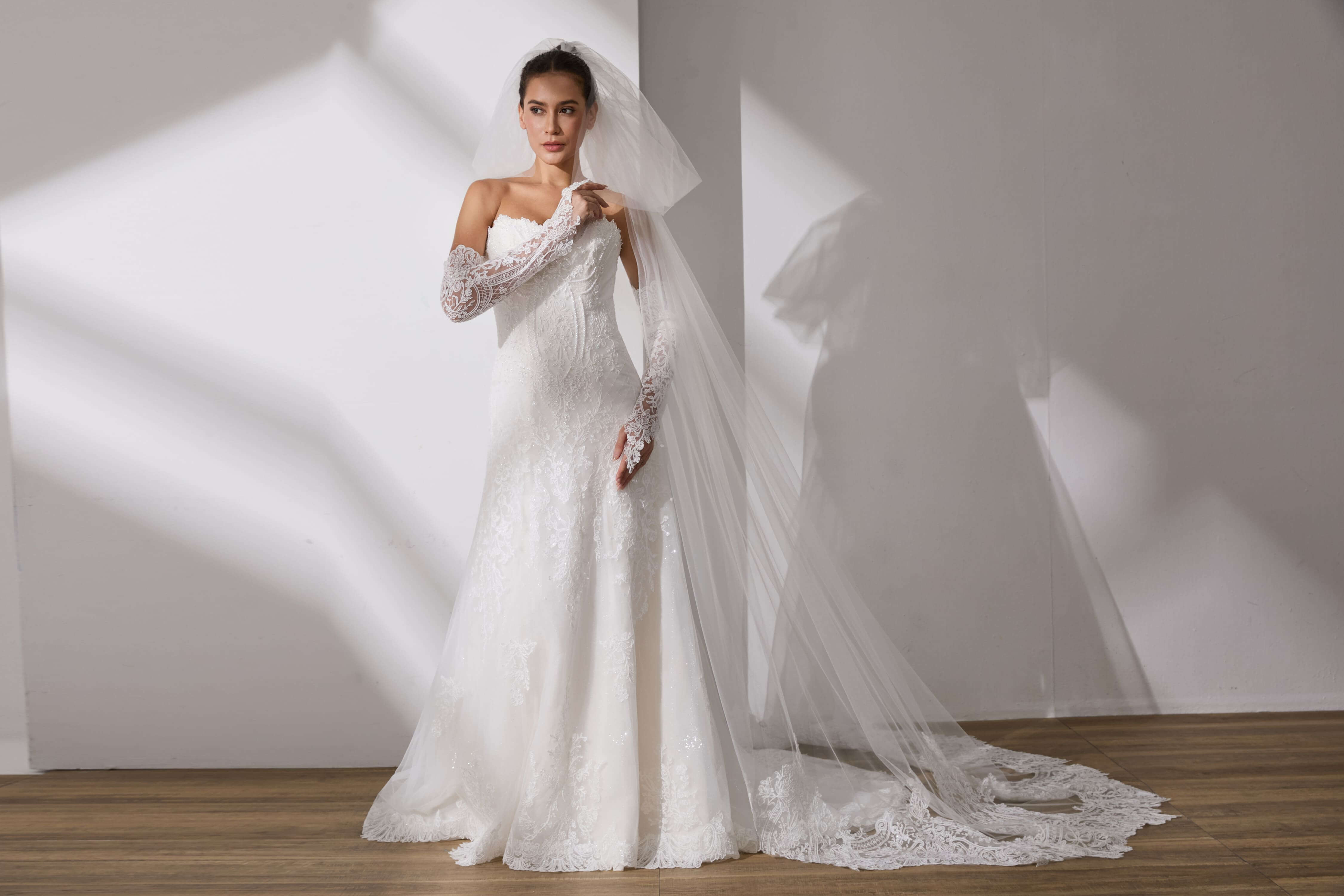 Satin Wedding Dress with Veil and Gloves All-in-One Set-AND Bride