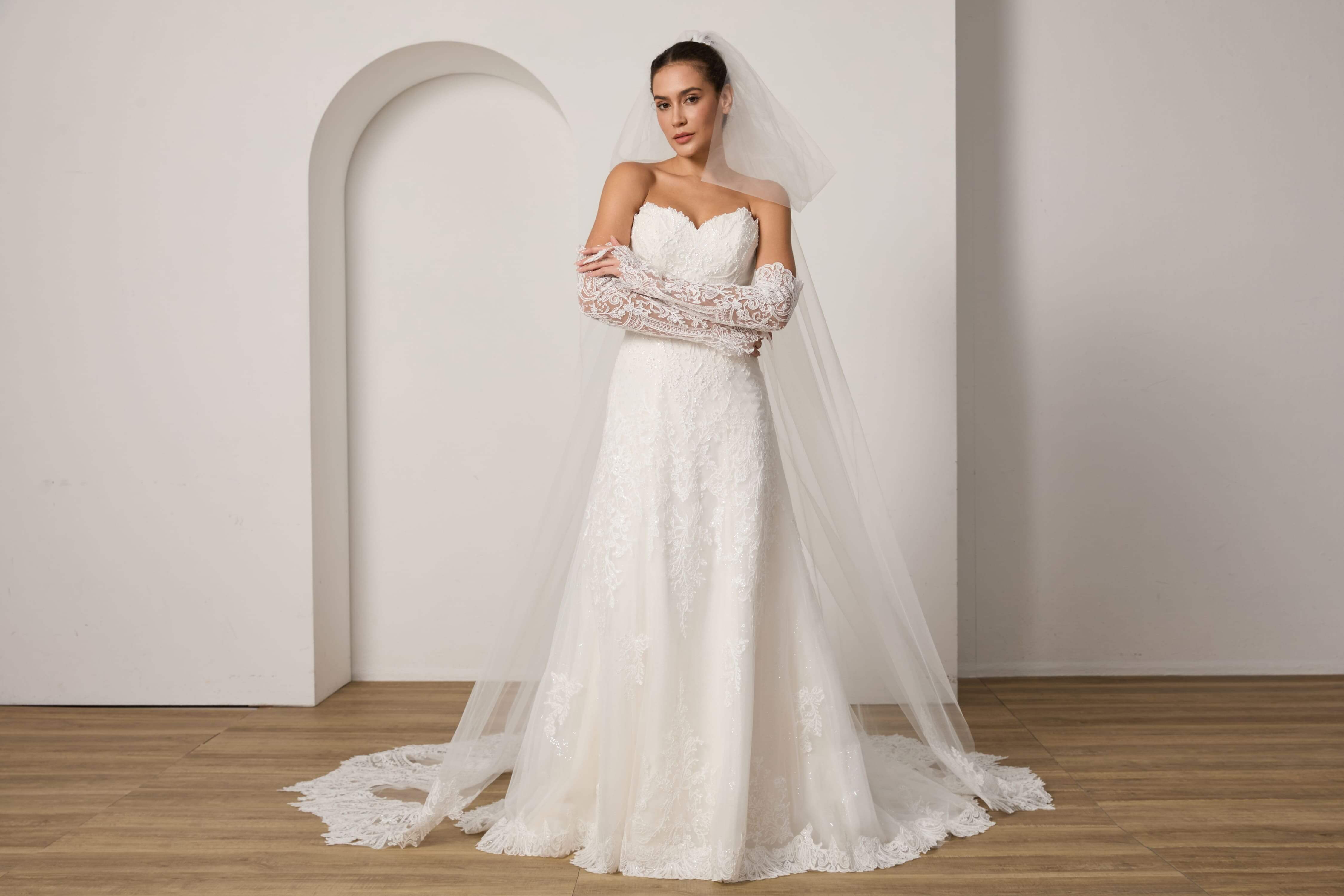 Satin Wedding Dress with Veil and Gloves All-in-One Set-AND Bride