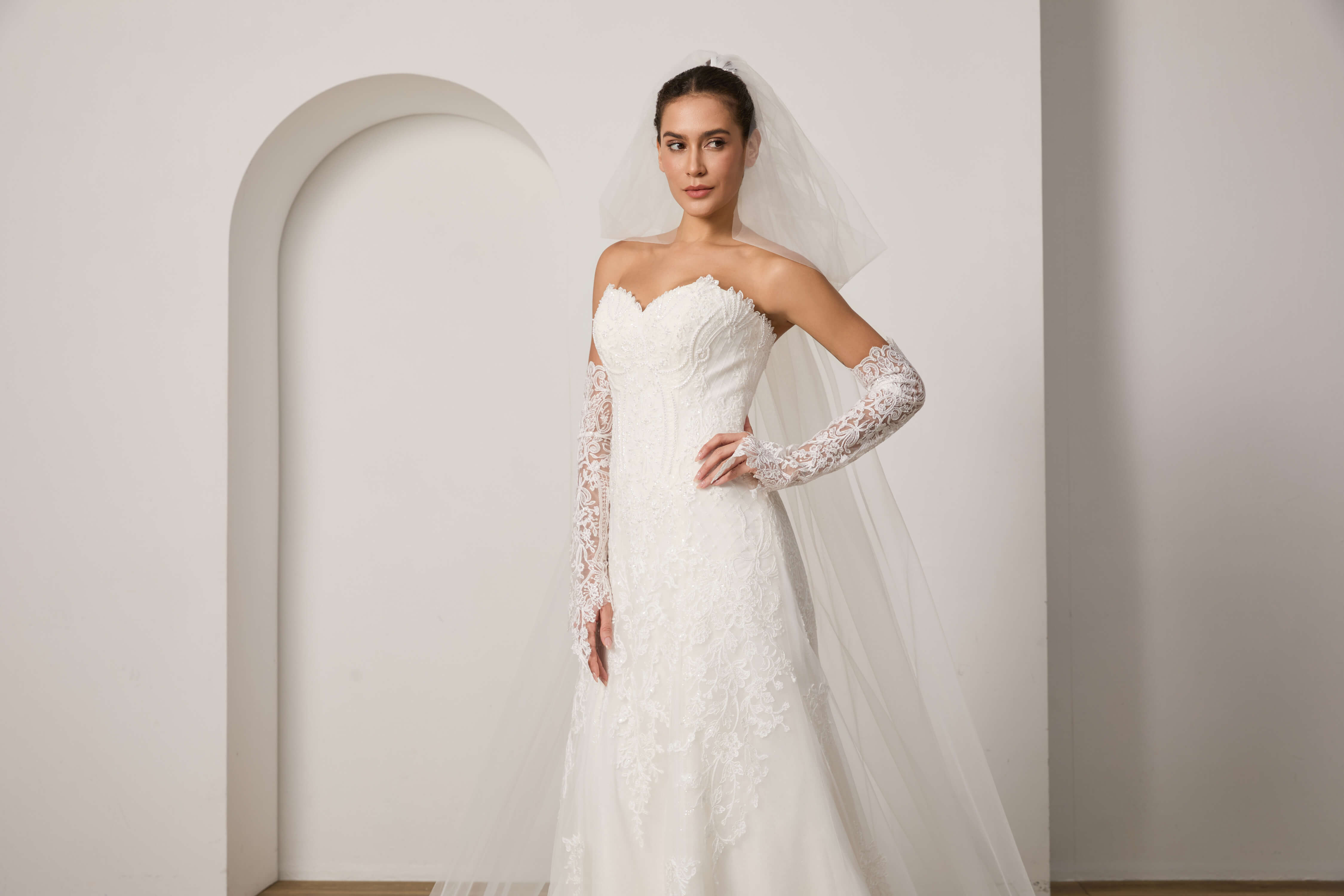 Satin Wedding Dress with Veil and Gloves All-in-One Set-AND Bride