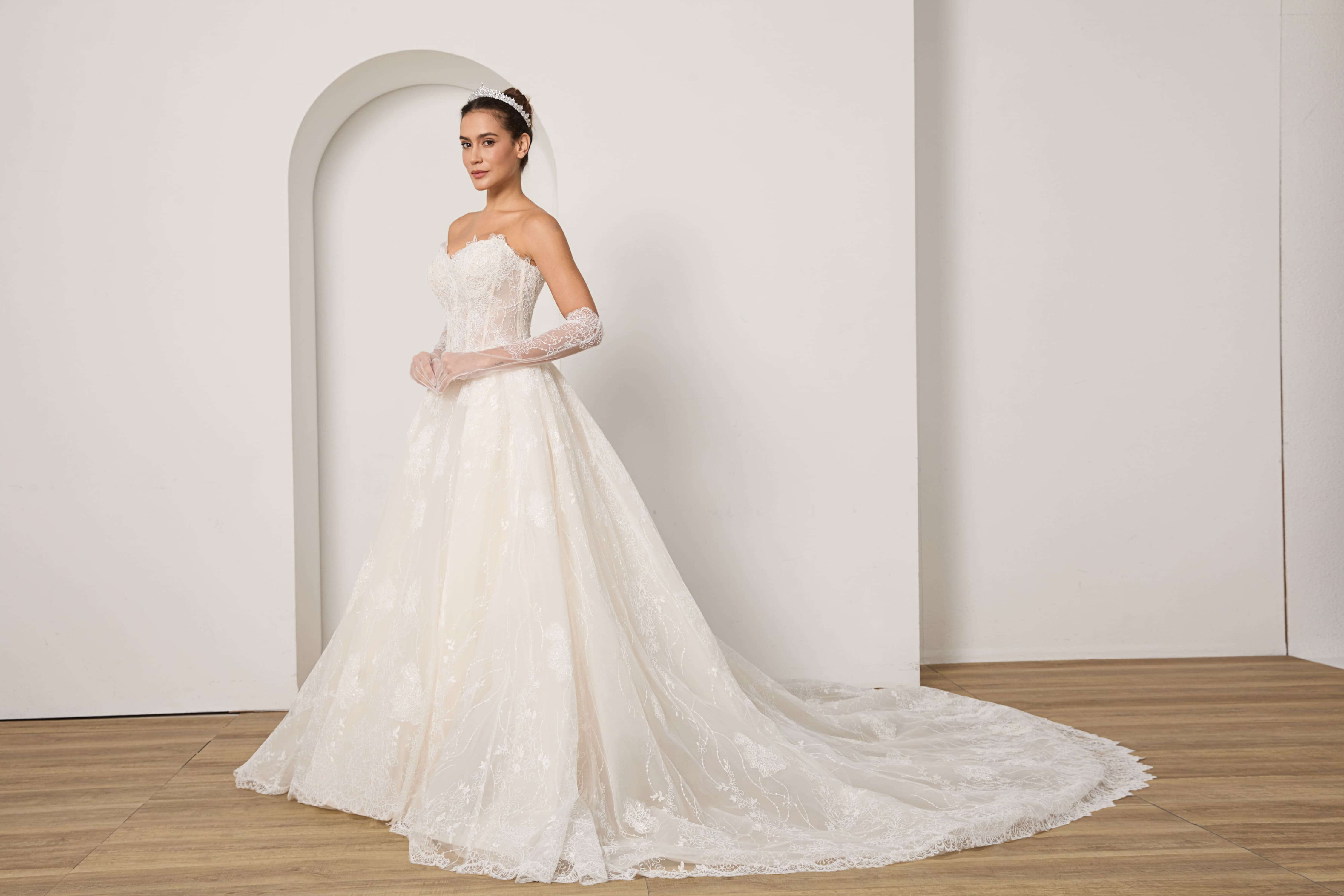 Beaded Lace Wedding Dress Set with Sleeves Veil and Gloves-AND Bride