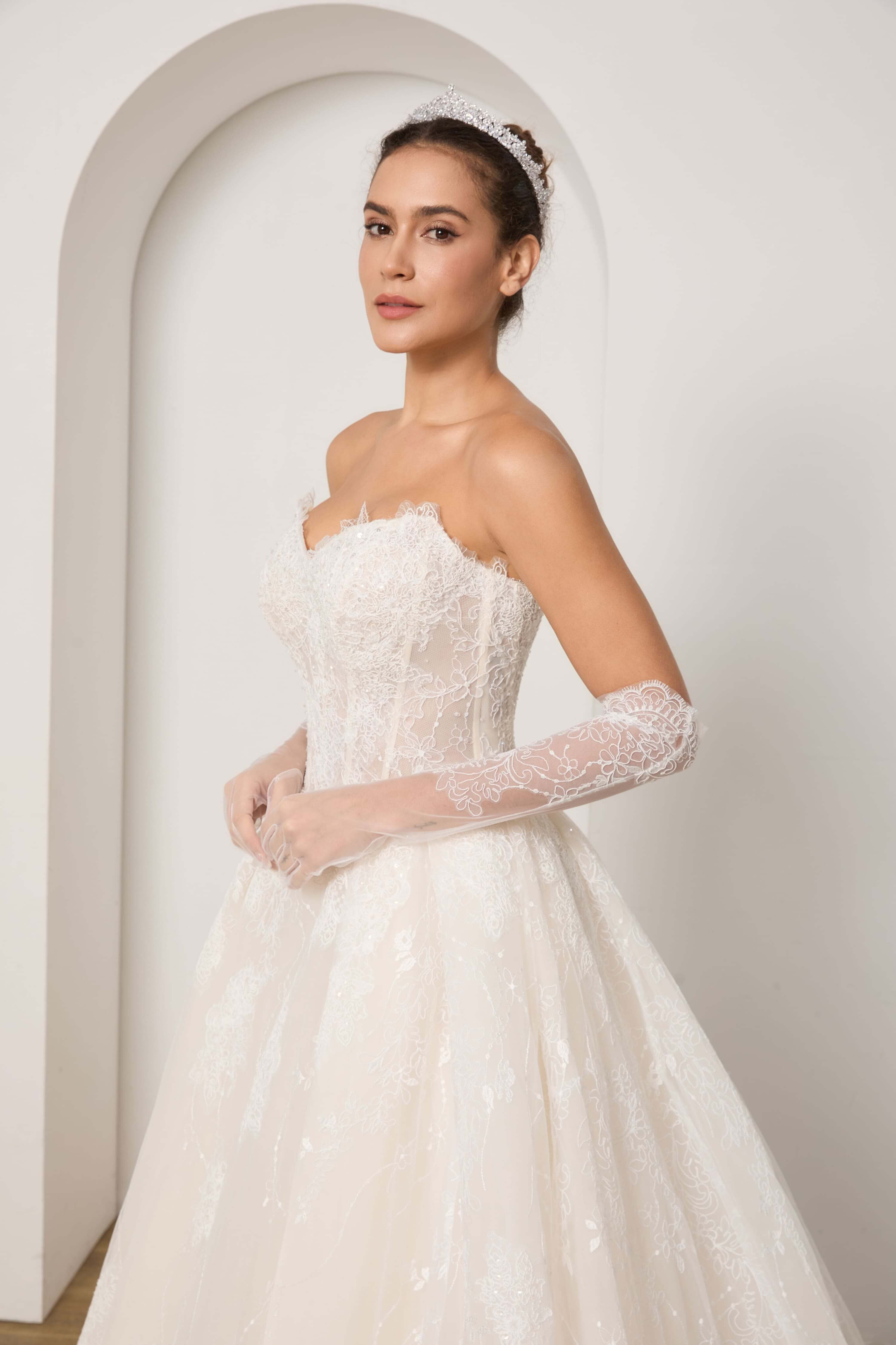 Beaded Lace Wedding Dress Set with Sleeves Veil and Gloves-AND Bride