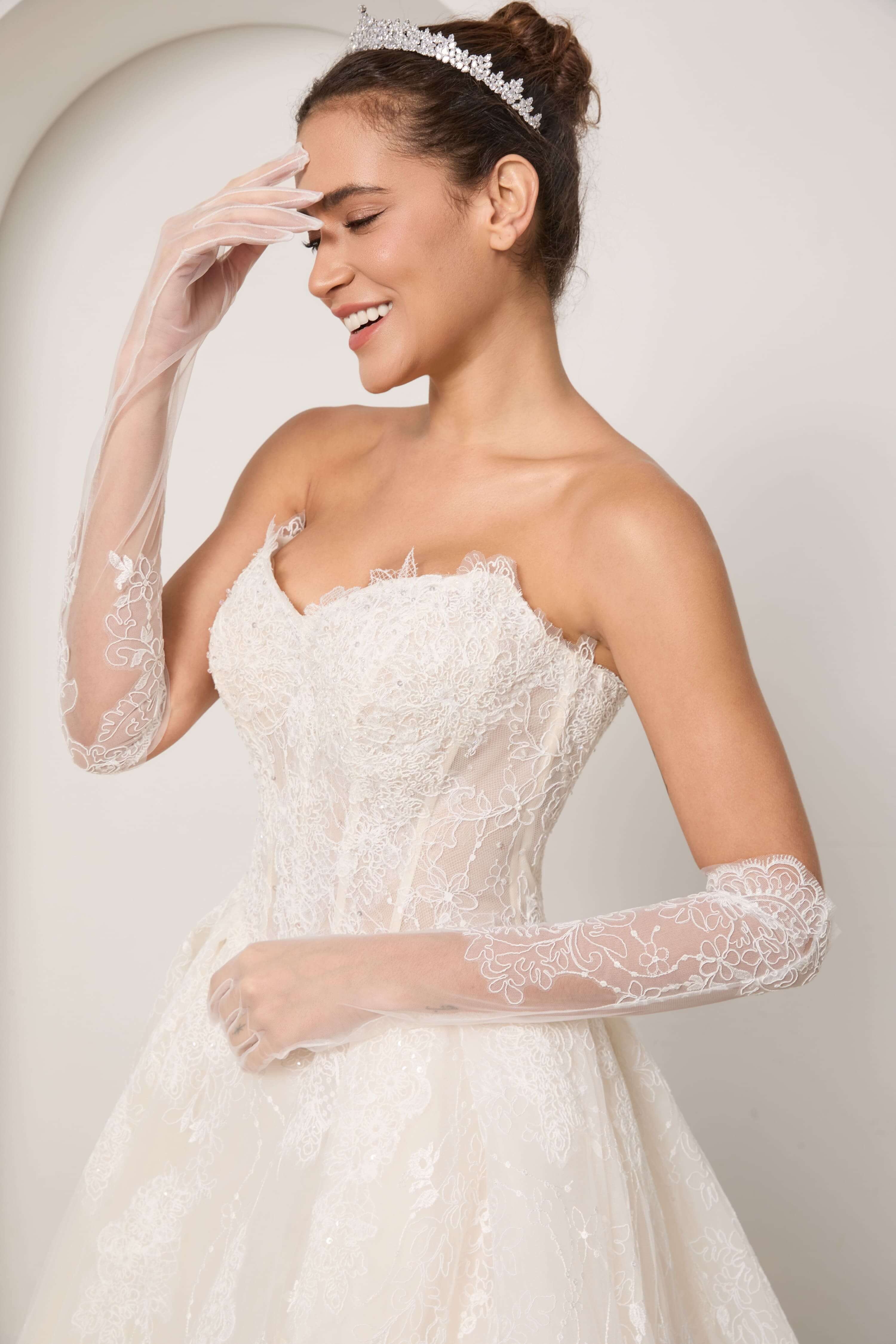 Beaded Lace Wedding Dress Set with Sleeves Veil and Gloves-AND Bride