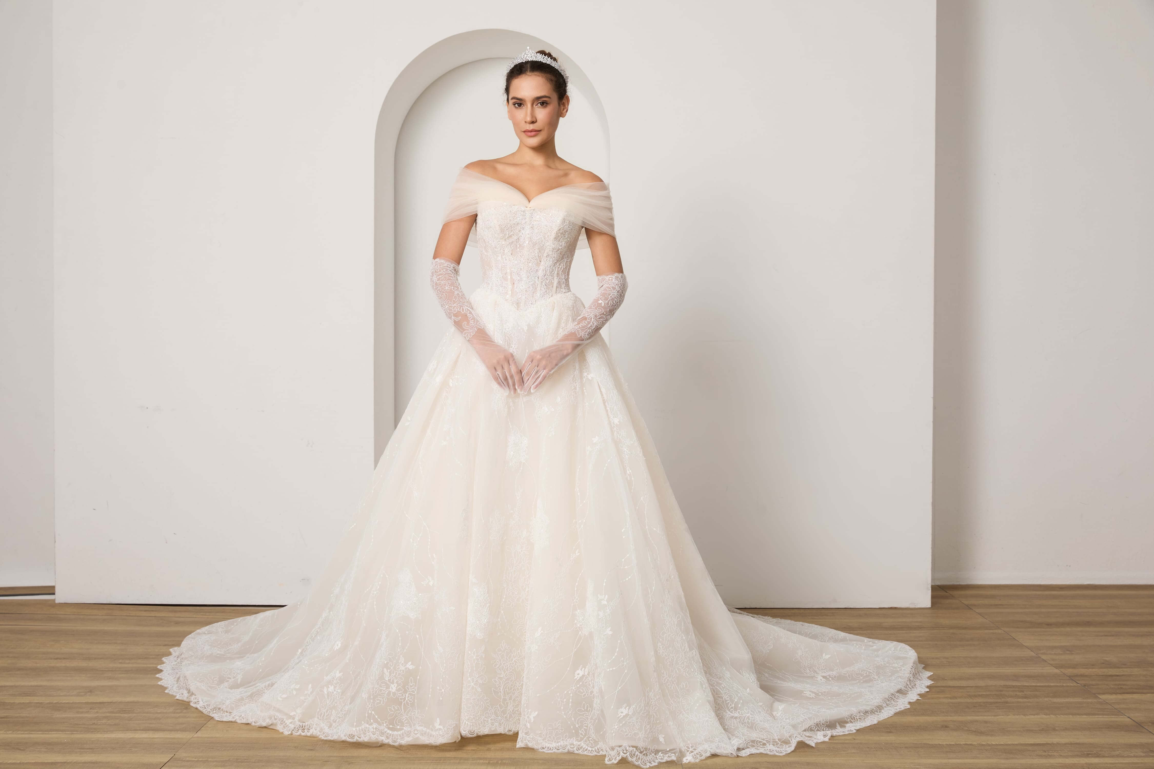 Beaded Lace Wedding Dress Set with Sleeves Veil and Gloves-AND Bride