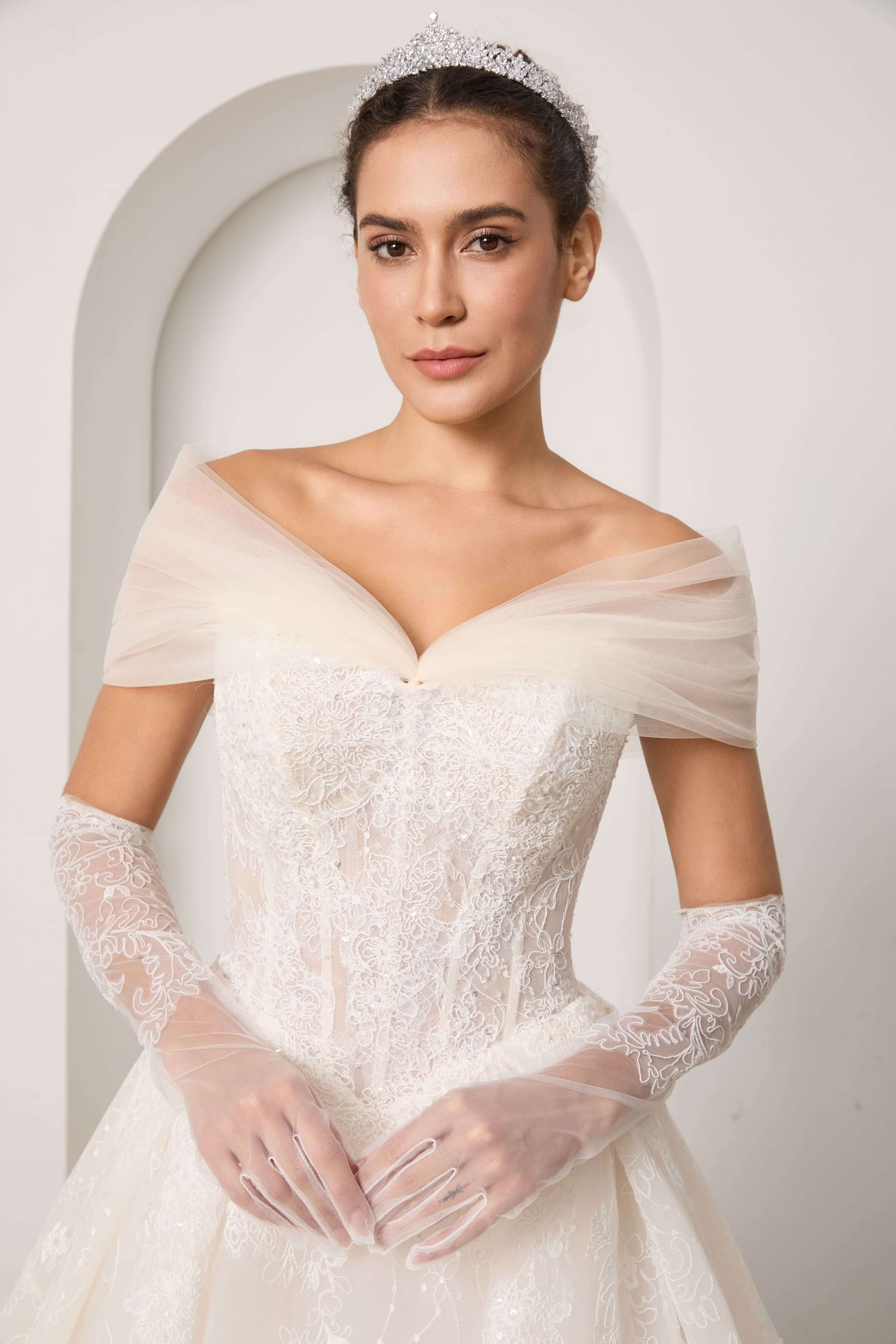 Beaded Lace Wedding Dress Set with Sleeves Veil and Gloves-AND Bride