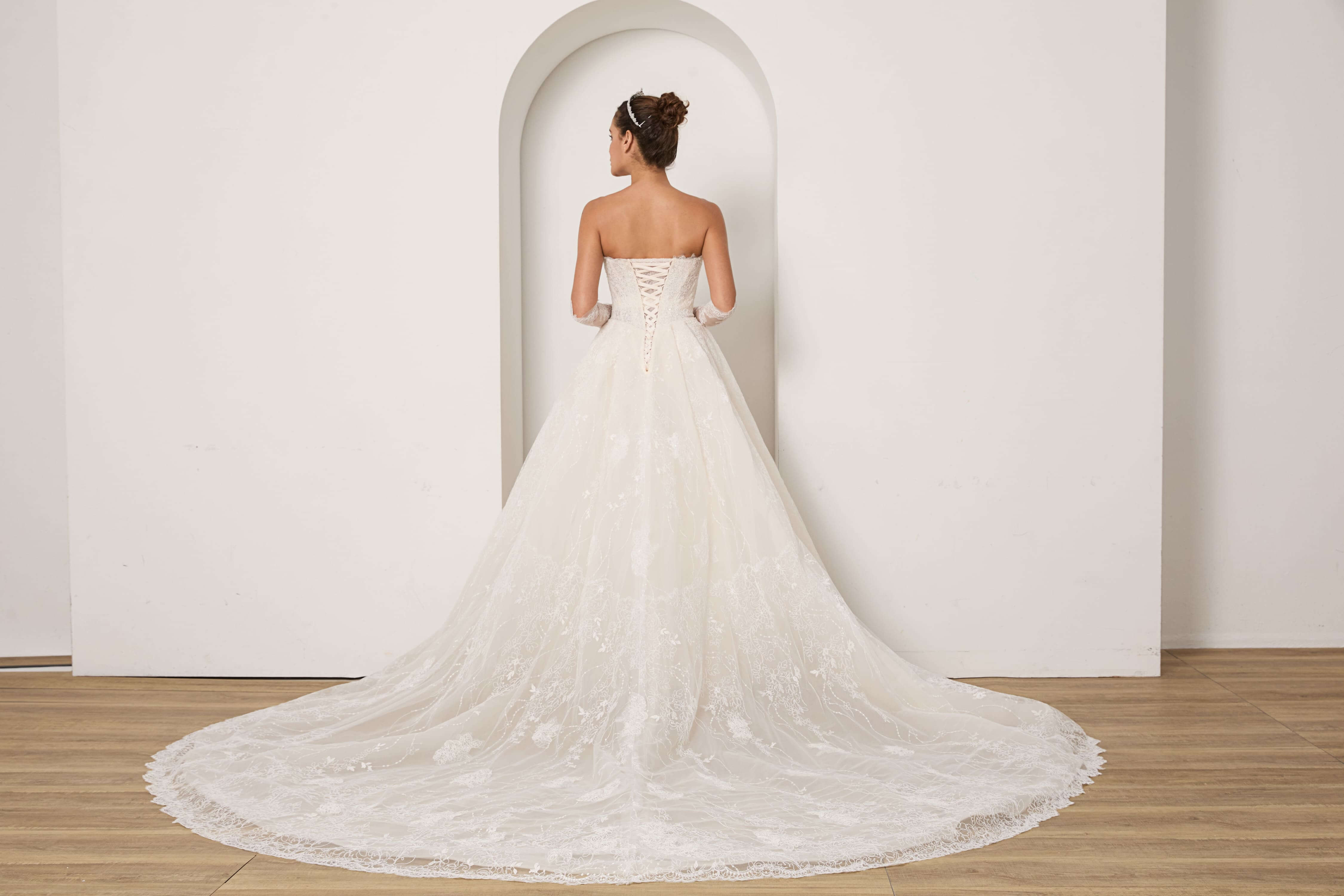 Beaded Lace Wedding Dress Set with Sleeves Veil and Gloves-AND Bride