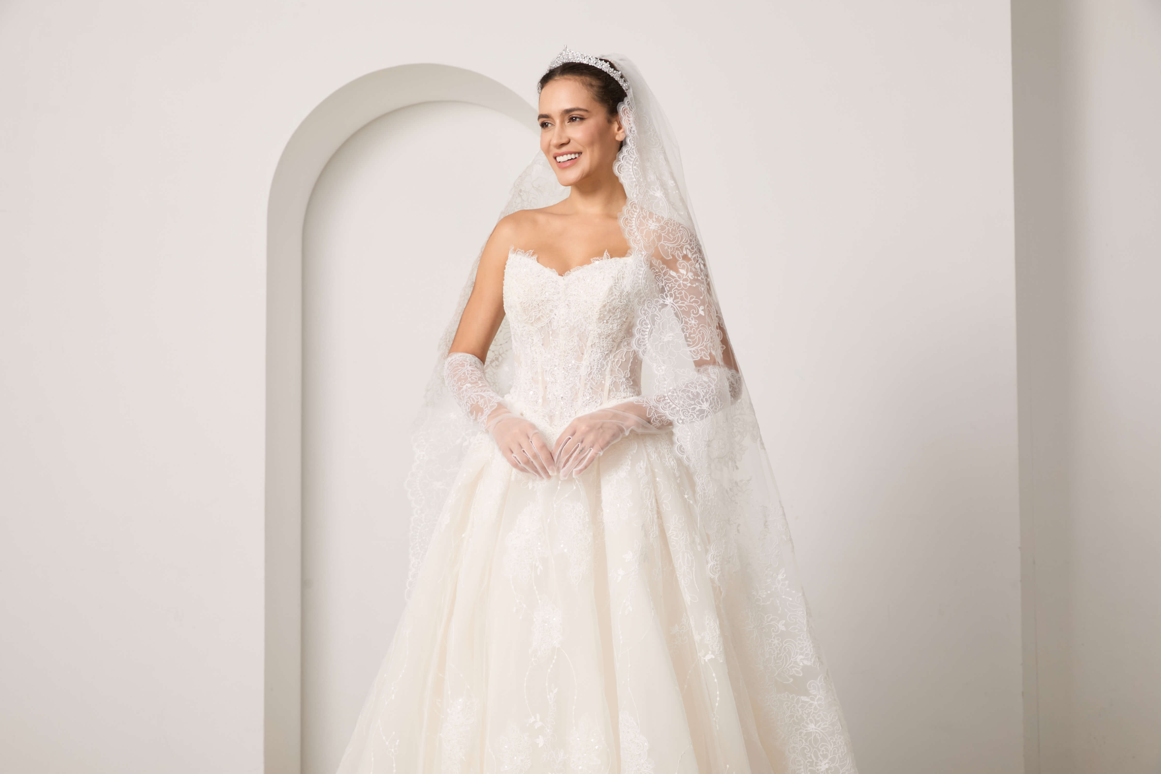 Beaded Lace Wedding Dress Set with Sleeves Veil and Gloves-AND Bride