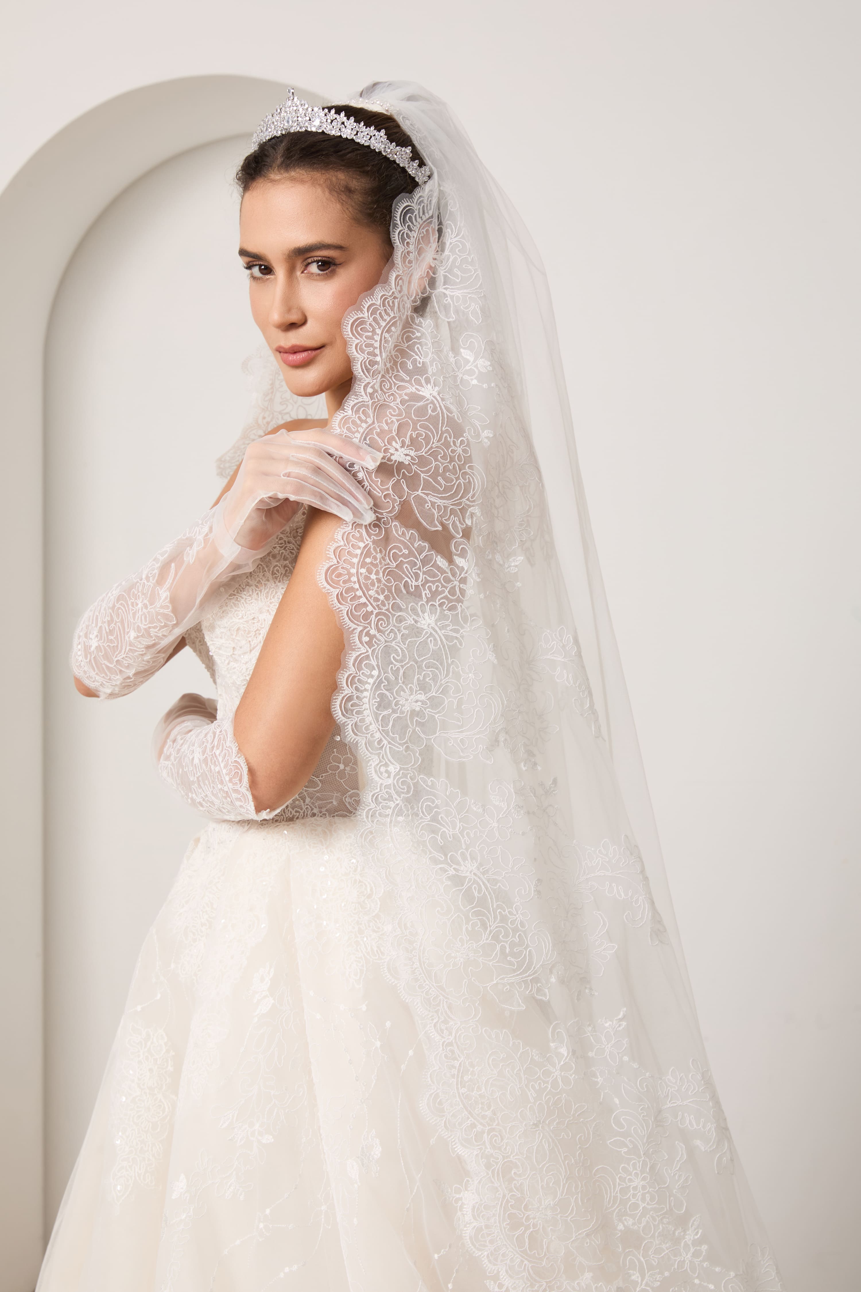 Beaded Lace Wedding Dress Set with Sleeves Veil and Gloves-AND Bride