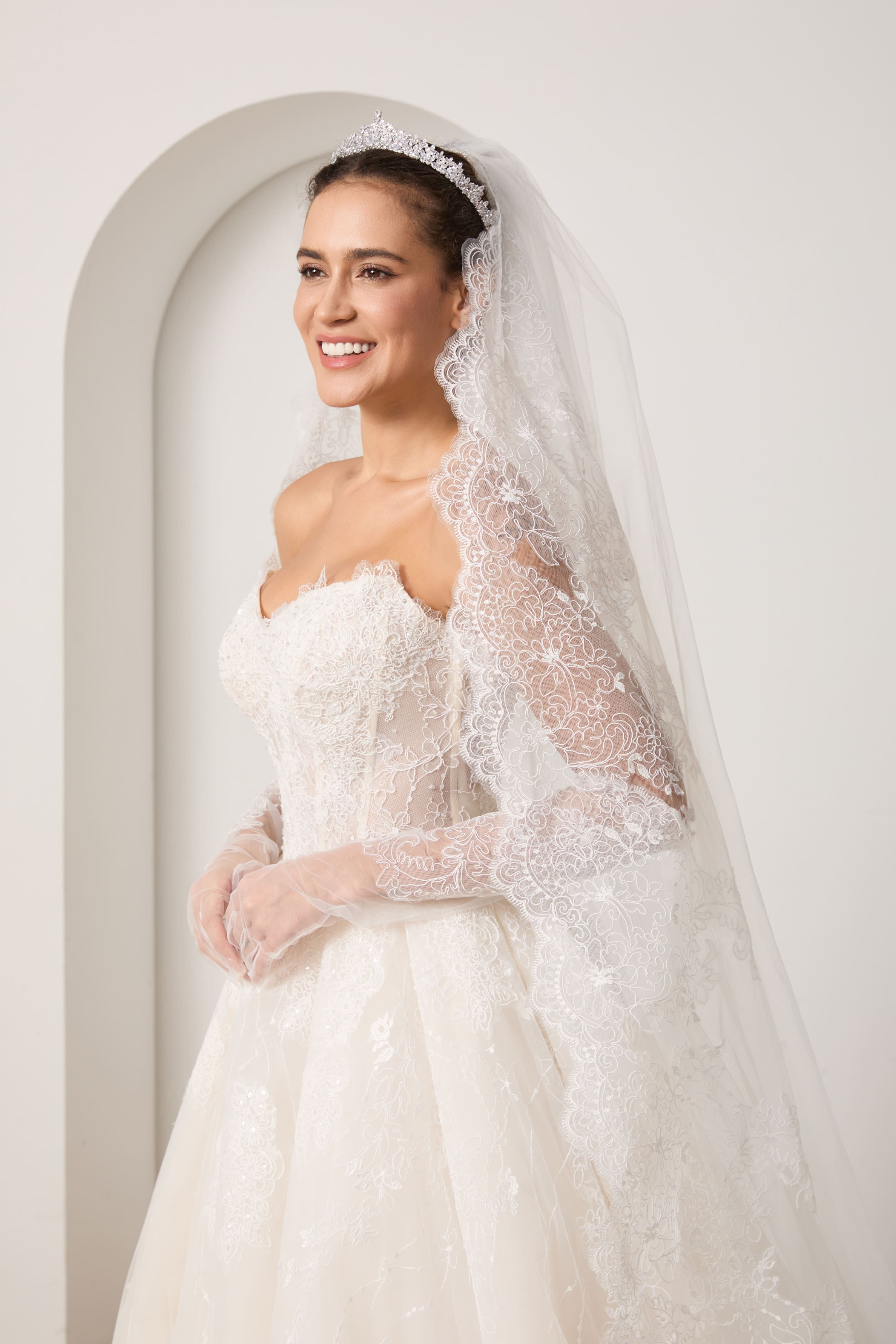 Beaded Lace Wedding Dress Set with Sleeves Veil and Gloves-AND Bride