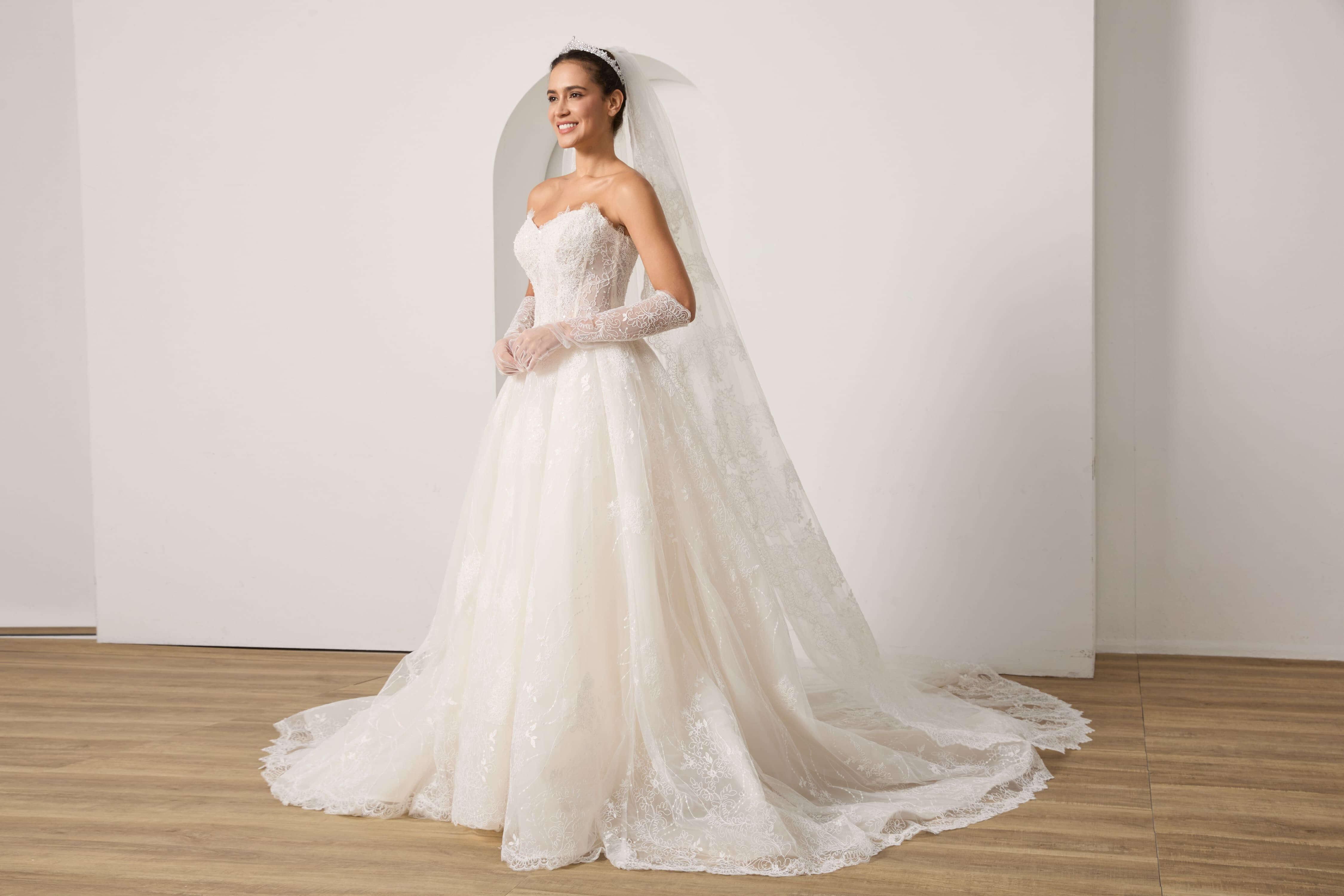 Beaded Lace Wedding Dress Set with Sleeves Veil and Gloves-AND Bride