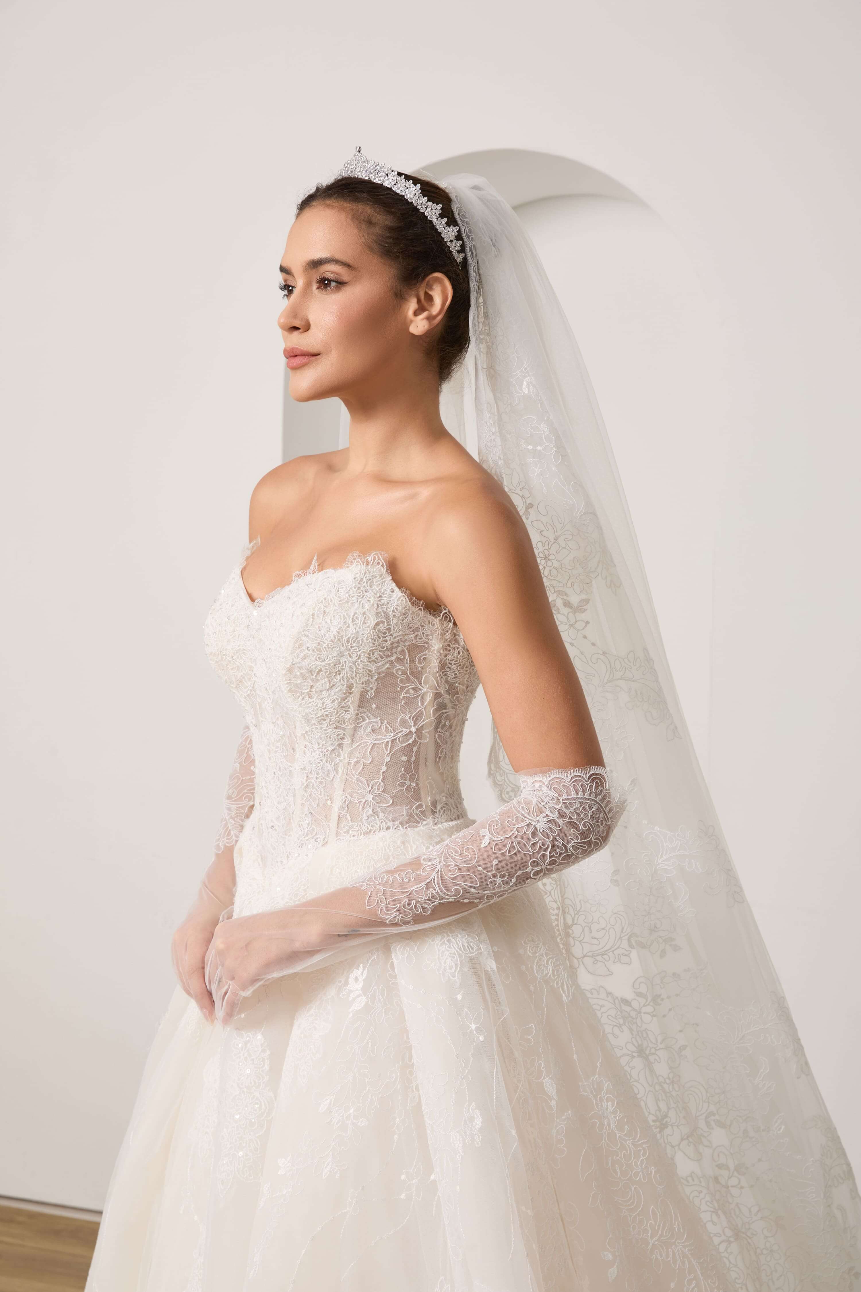 Beaded Lace Wedding Dress Set with Sleeves Veil and Gloves-AND Bride