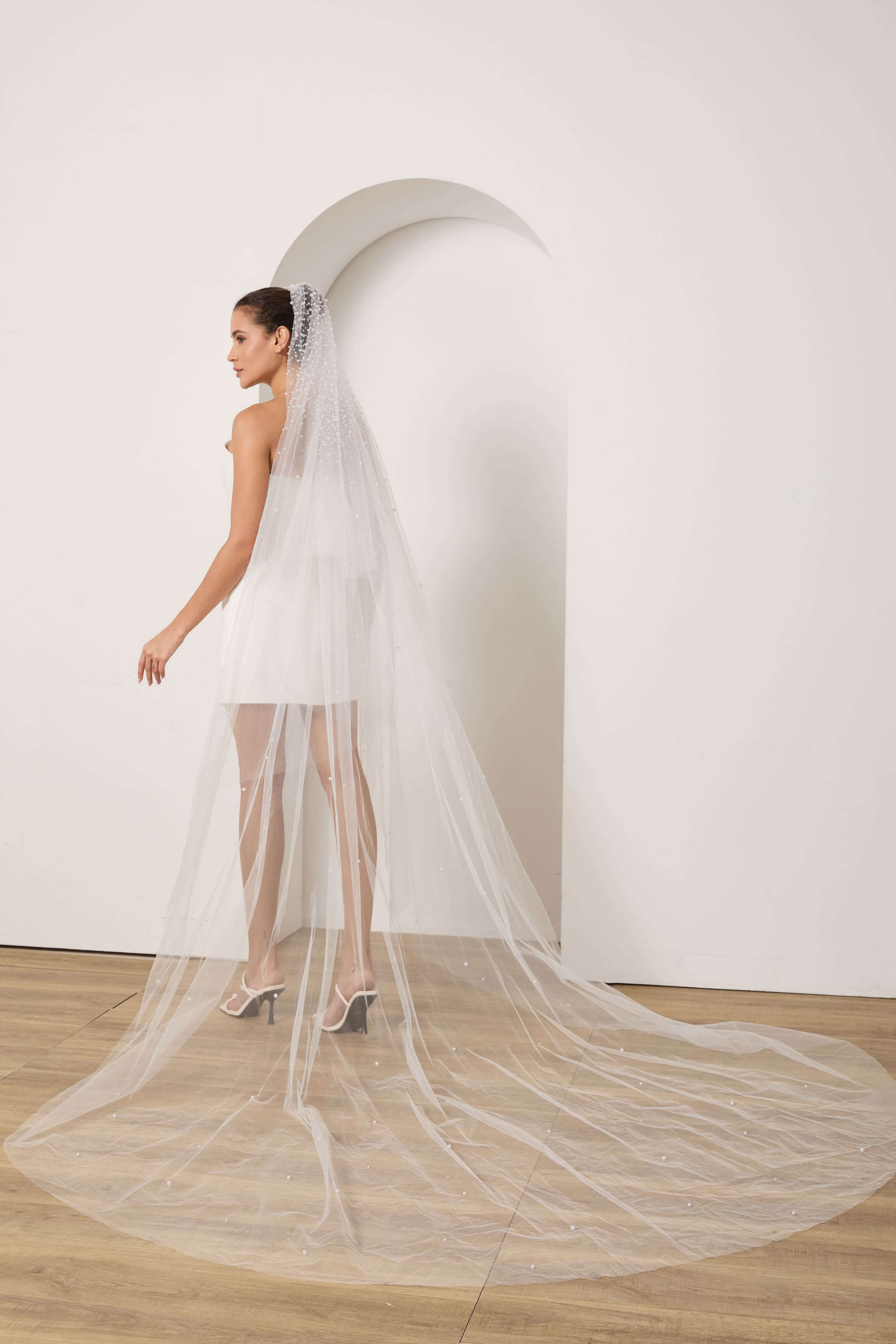 Pearl-Scattered Cathedral Wedding Veil with Raw Edge-AND Bride