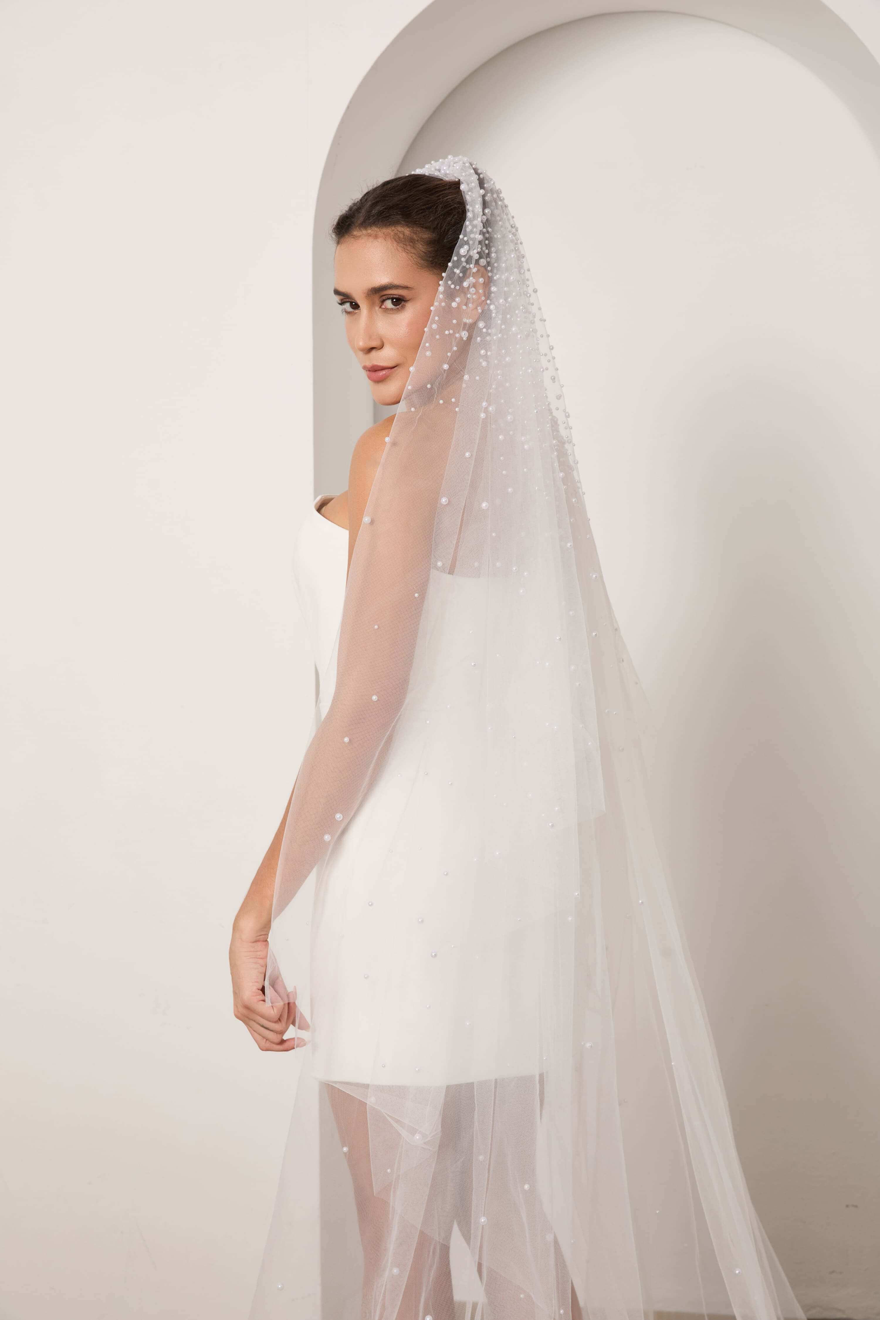 Pearl-Scattered Cathedral Wedding Veil with Raw Edge-AND Bride