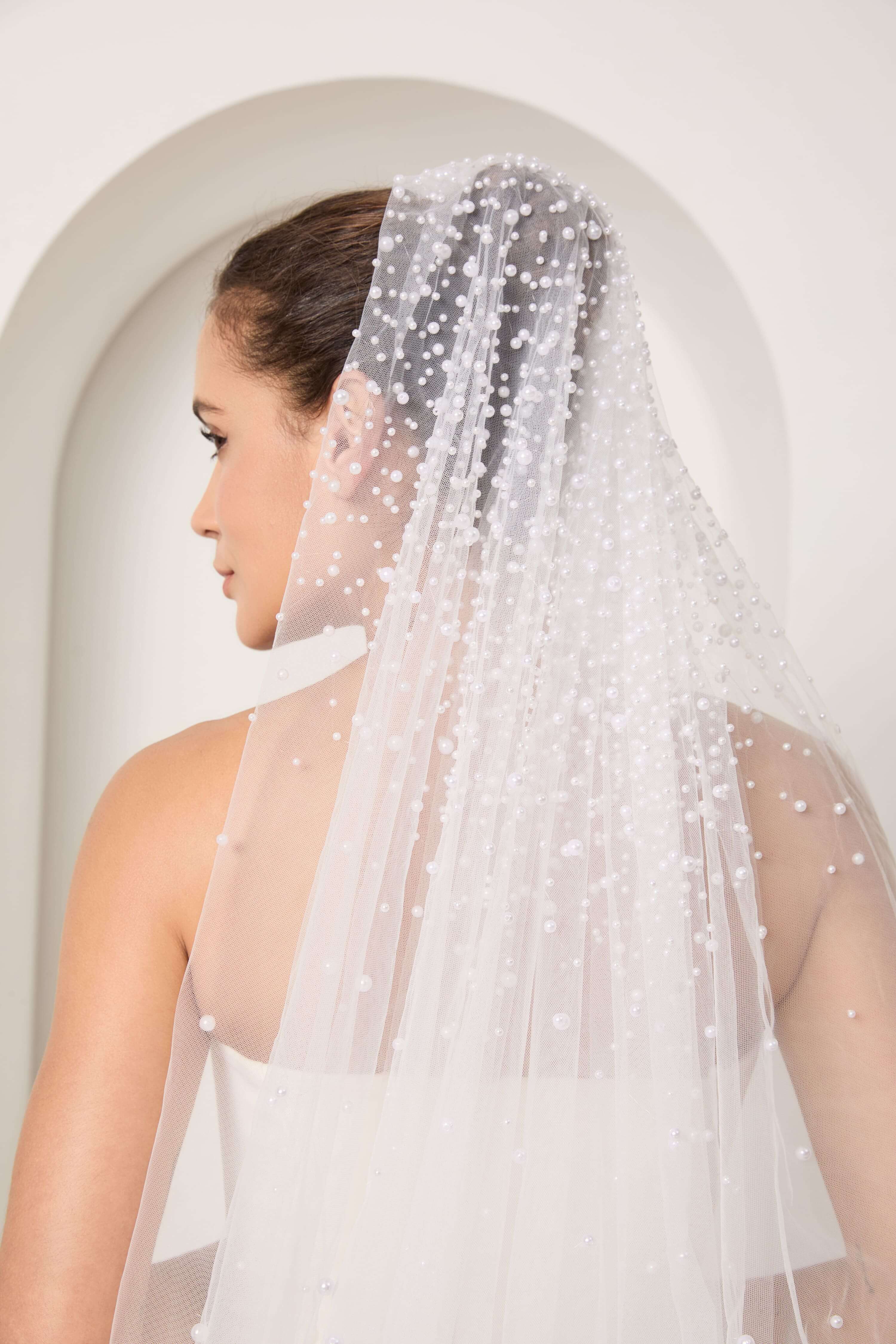 Pearl-Scattered Cathedral Wedding Veil with Raw Edge-AND Bride