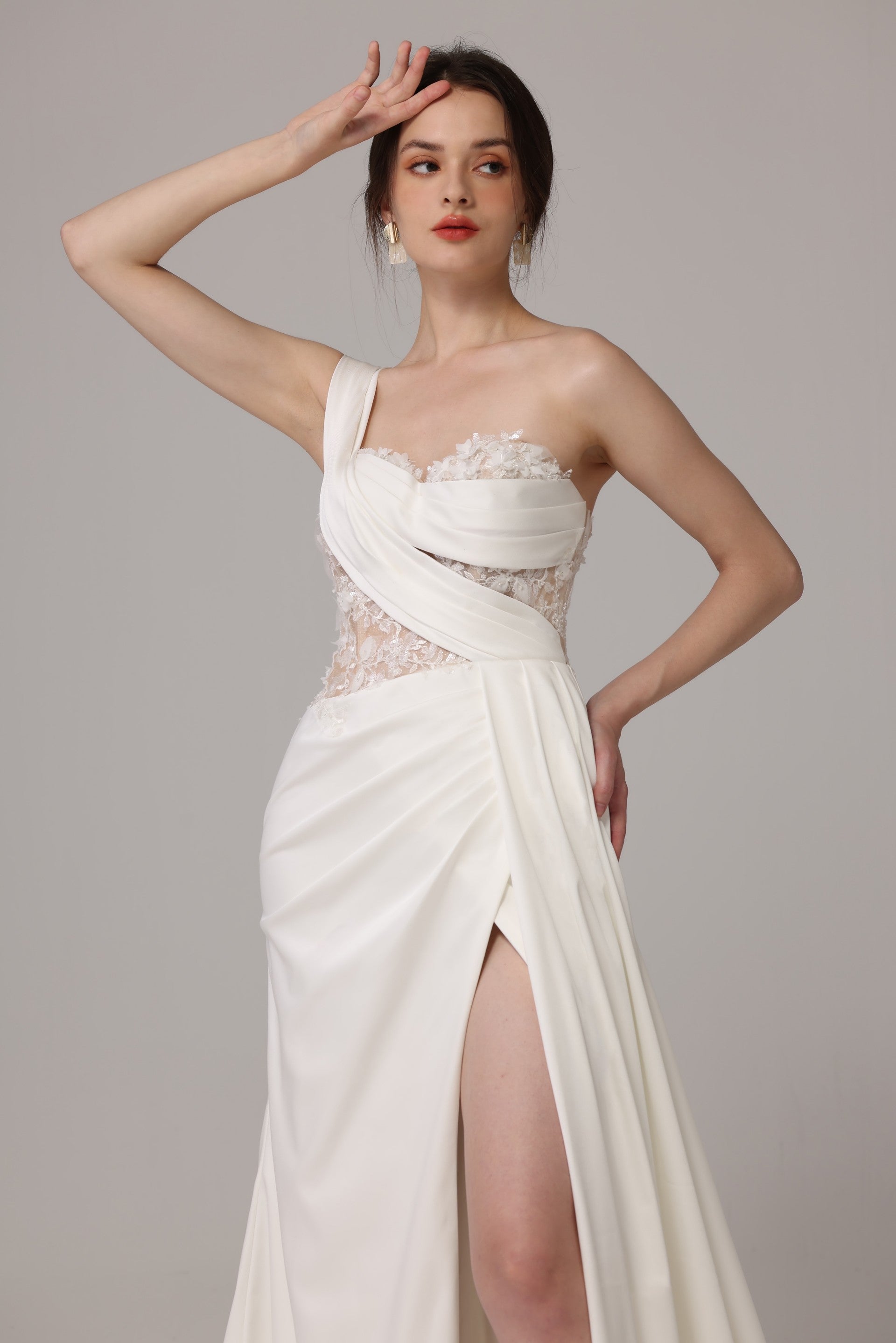 Satin Lace Slit Wedding Dress LVB2664