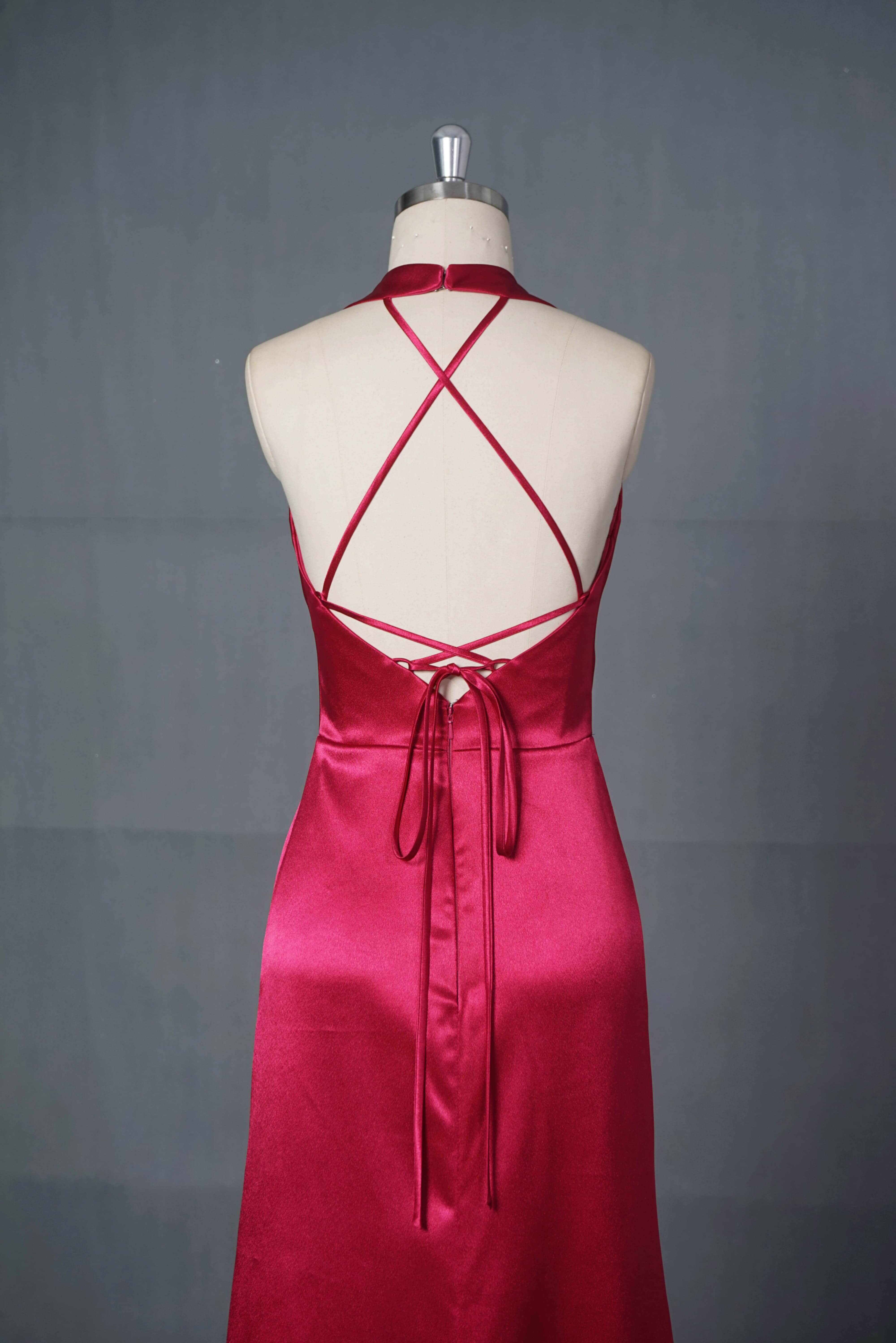 Halter V-Neck Satin A-Line Bridesmaid Dress with Ruched Waist-AND Bride
