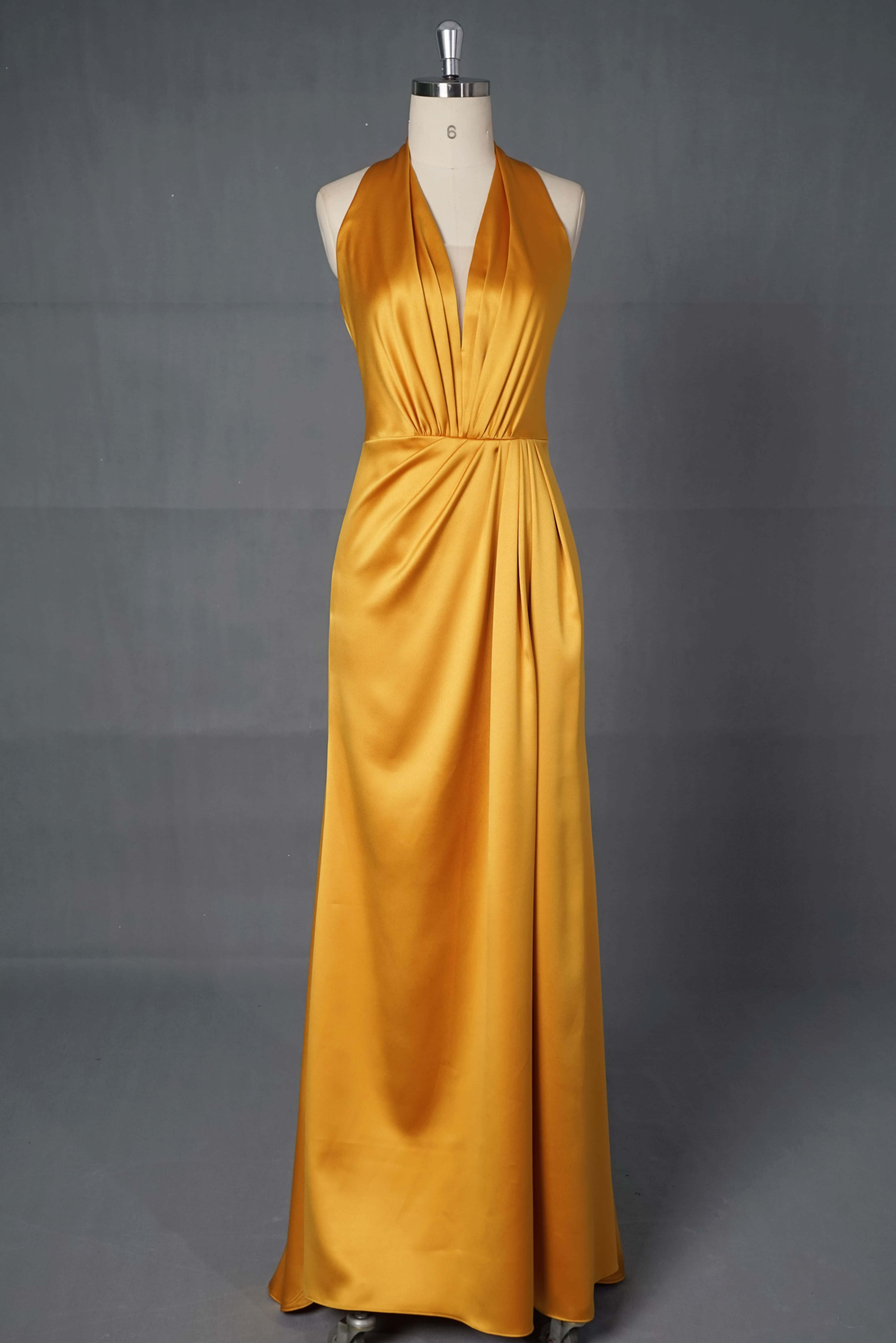 Halter V-Neck Satin A-Line Bridesmaid Dress with Ruched Waist-AND Bride