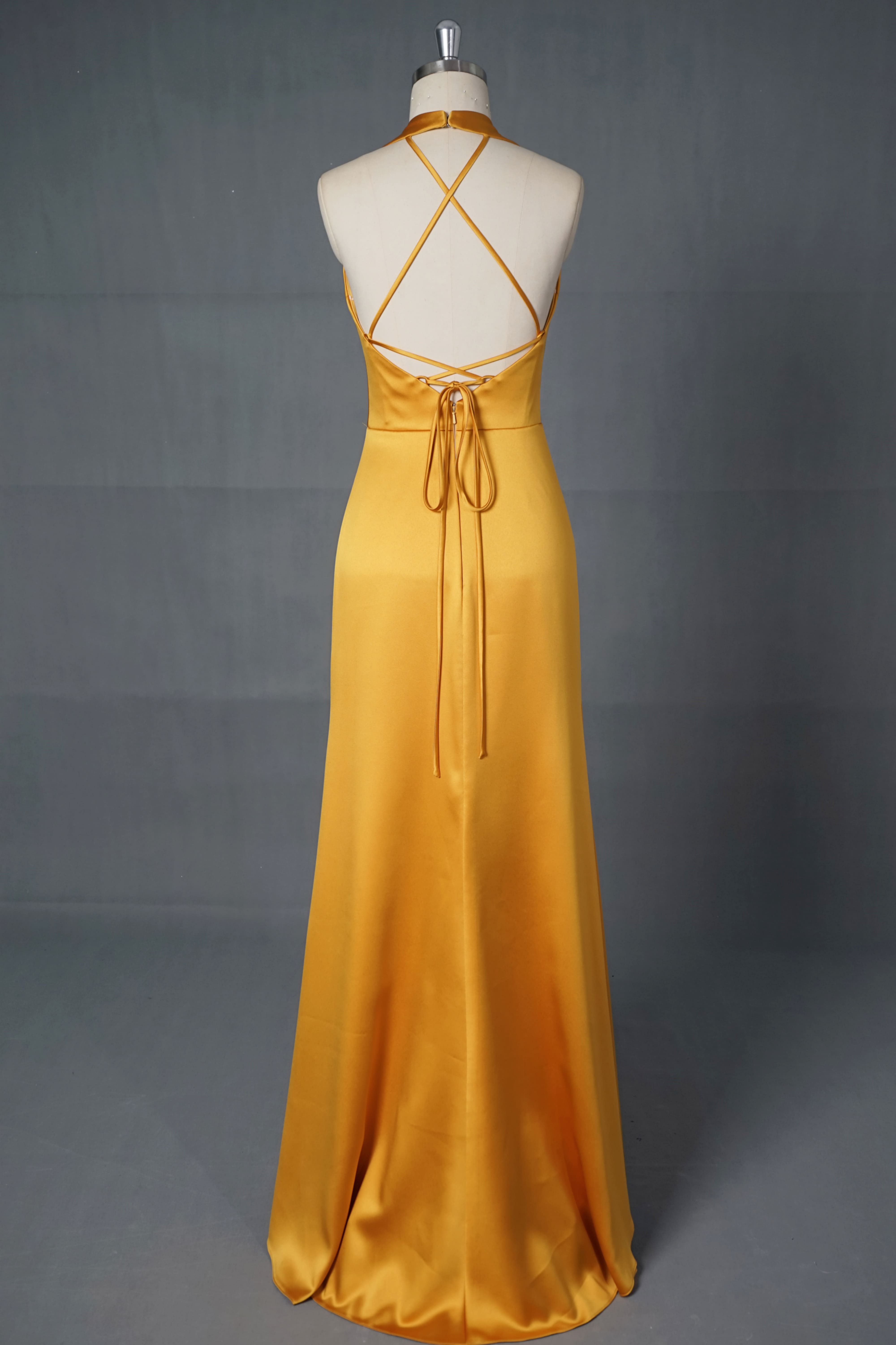Halter V-Neck Satin A-Line Bridesmaid Dress with Ruched Waist-AND Bride