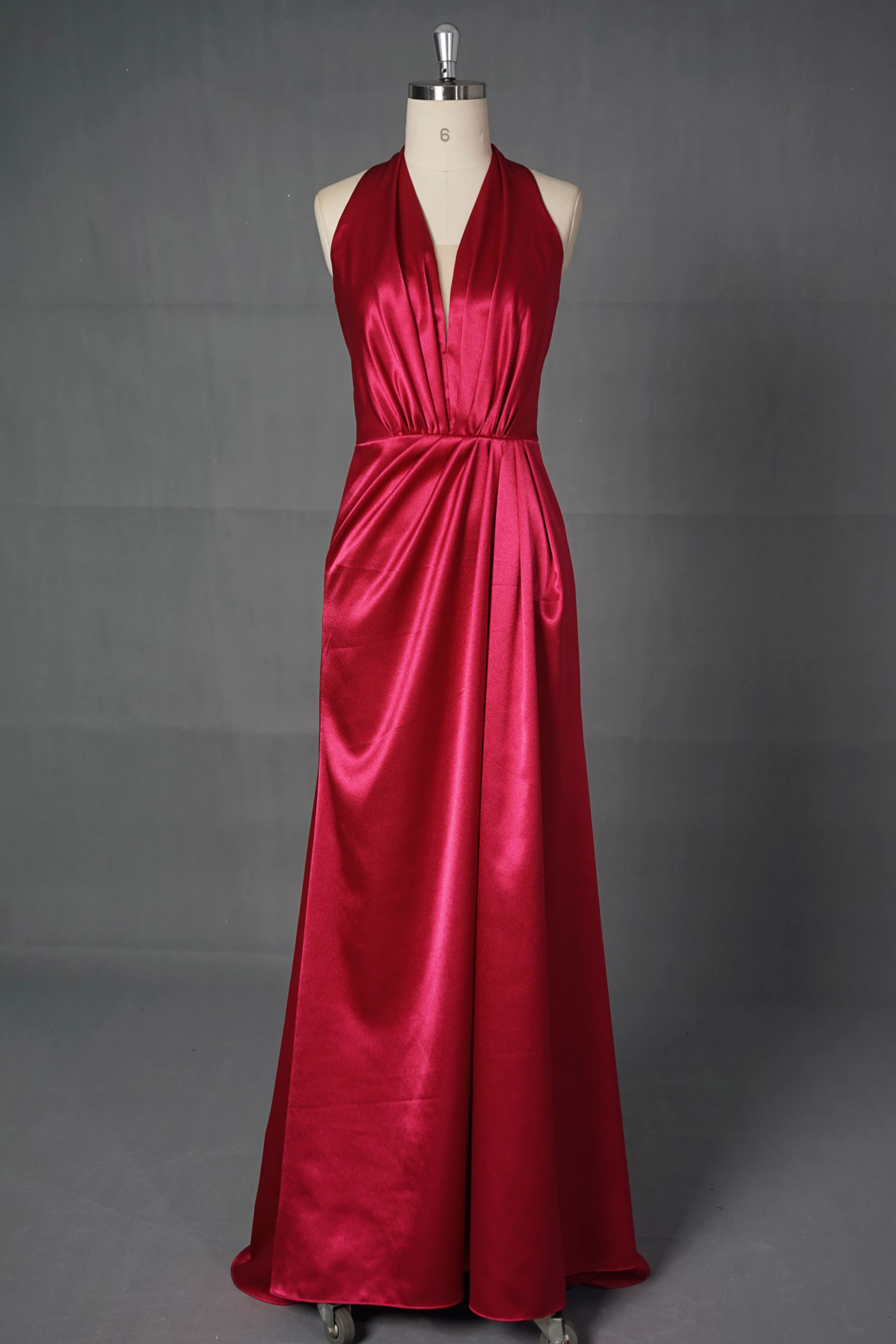 Halter V-Neck Satin A-Line Bridesmaid Dress with Ruched Waist-AND Bride