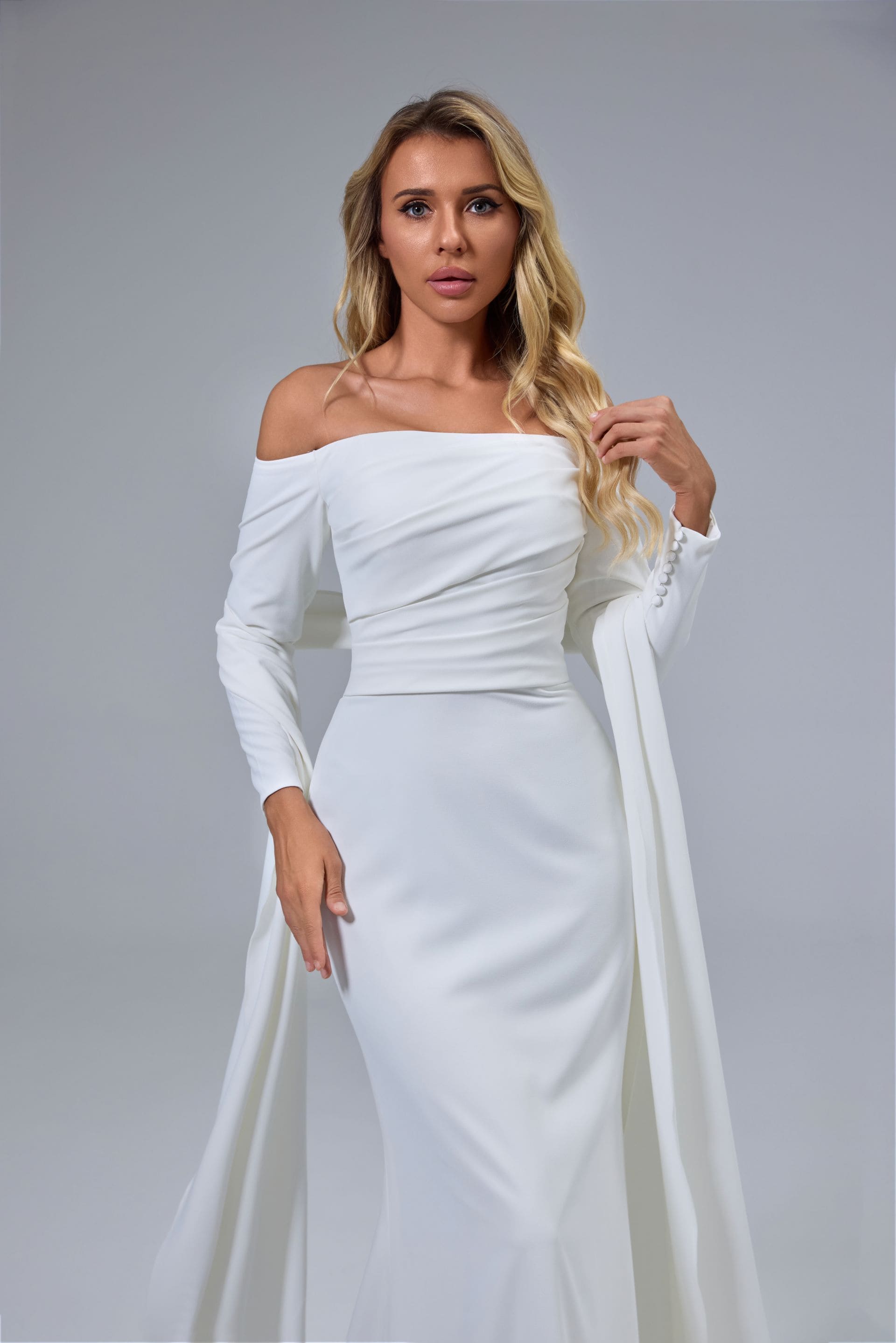 Modest Off Shoulder Long Sleeves Handmade Wedding Dress with a Modern Twist LVB2524