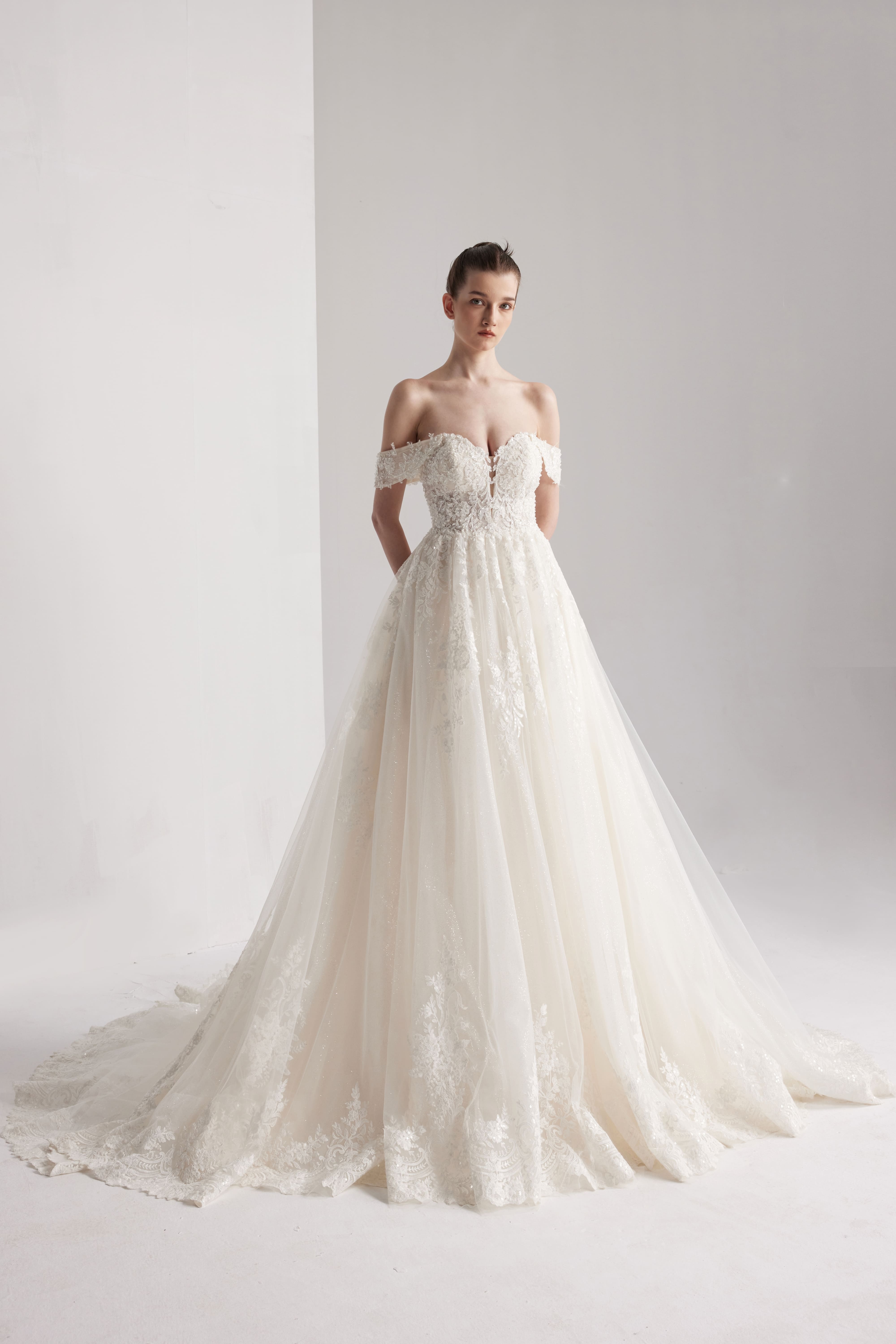 A-Linie Spitze Tüll Kapelle Schleppe Handgefertigtes Brautkleid Elfenbein/Champagner LVB2406 