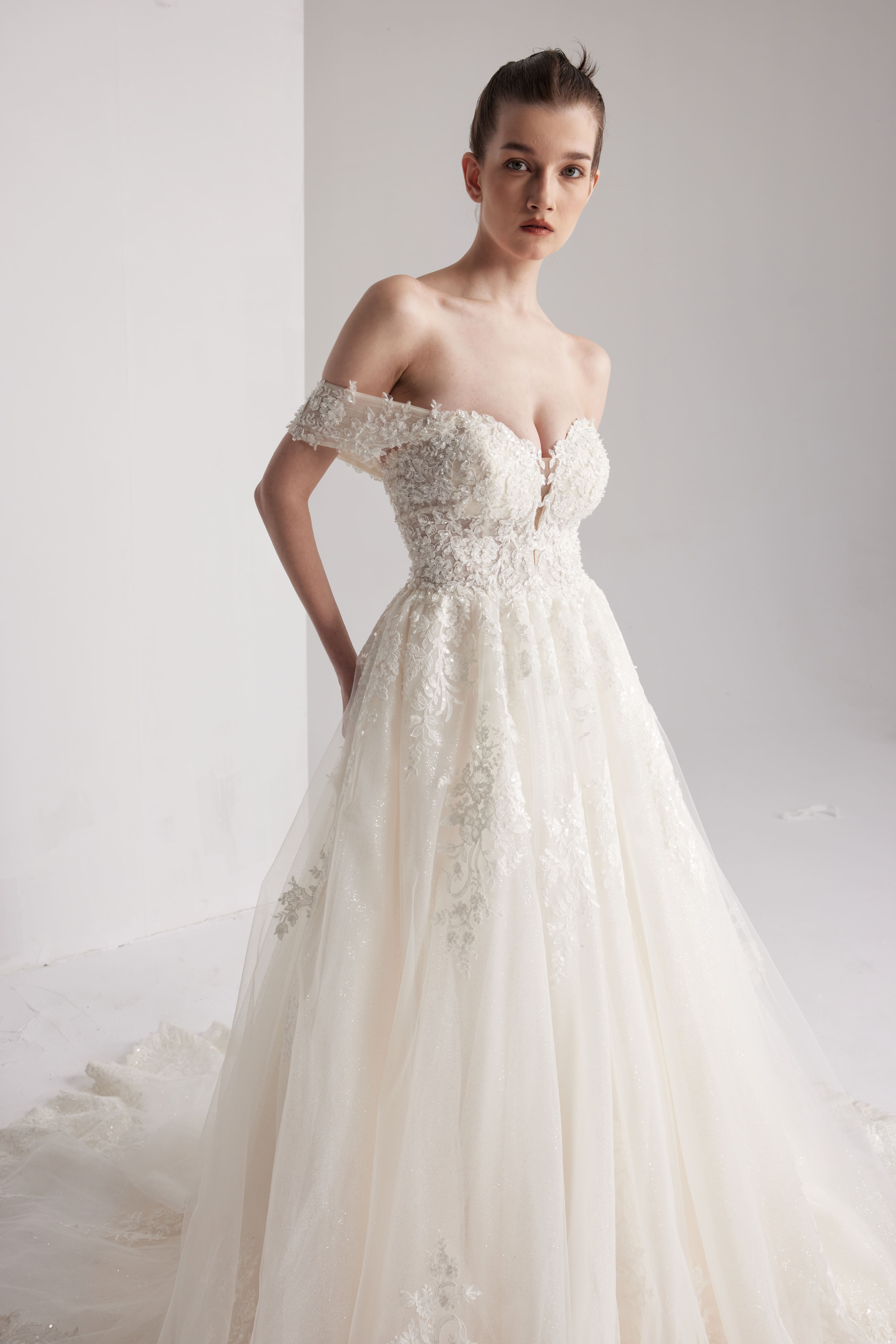 A-Linie Spitze Tüll Kapelle Schleppe Handgefertigtes Brautkleid Elfenbein/Champagner LVB2406 