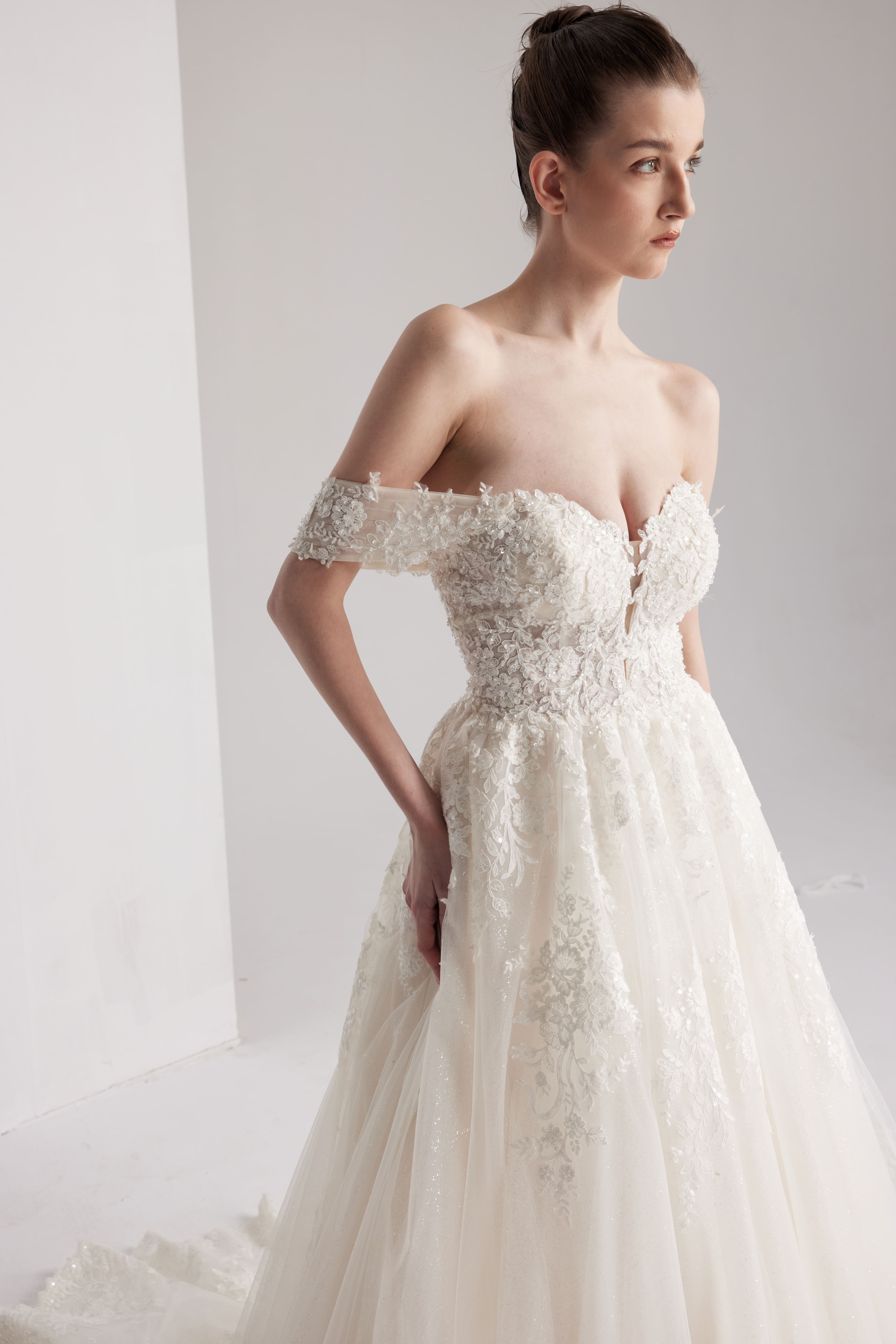 A-Linie Spitze Tüll Kapelle Schleppe Handgefertigtes Brautkleid Elfenbein/Champagner LVB2406 