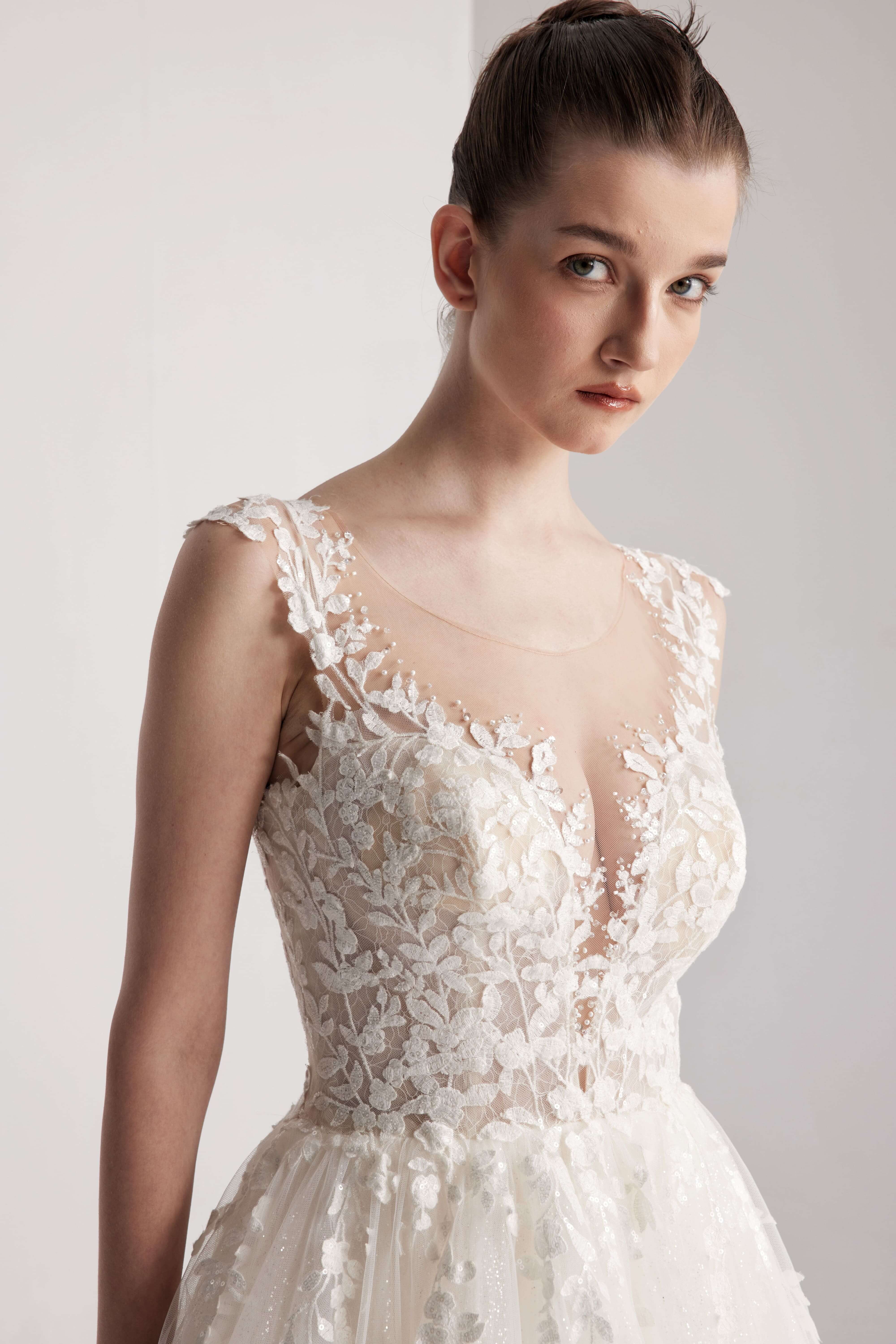 lace Beading bridal gown with a full floral A-line skirt LVB2408