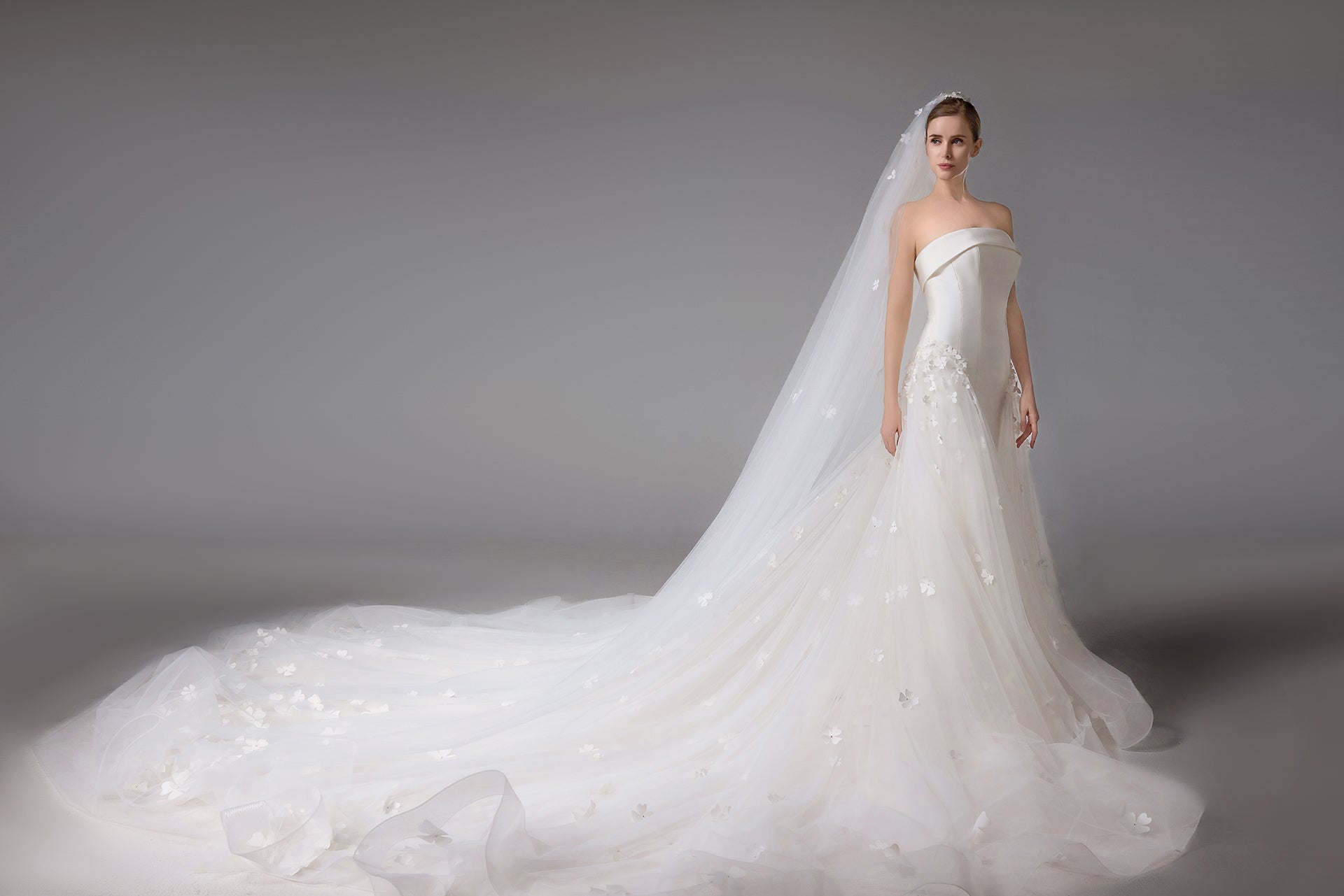 Stapless floral Bridal Gown with Cathedral length Veil  LVB2420