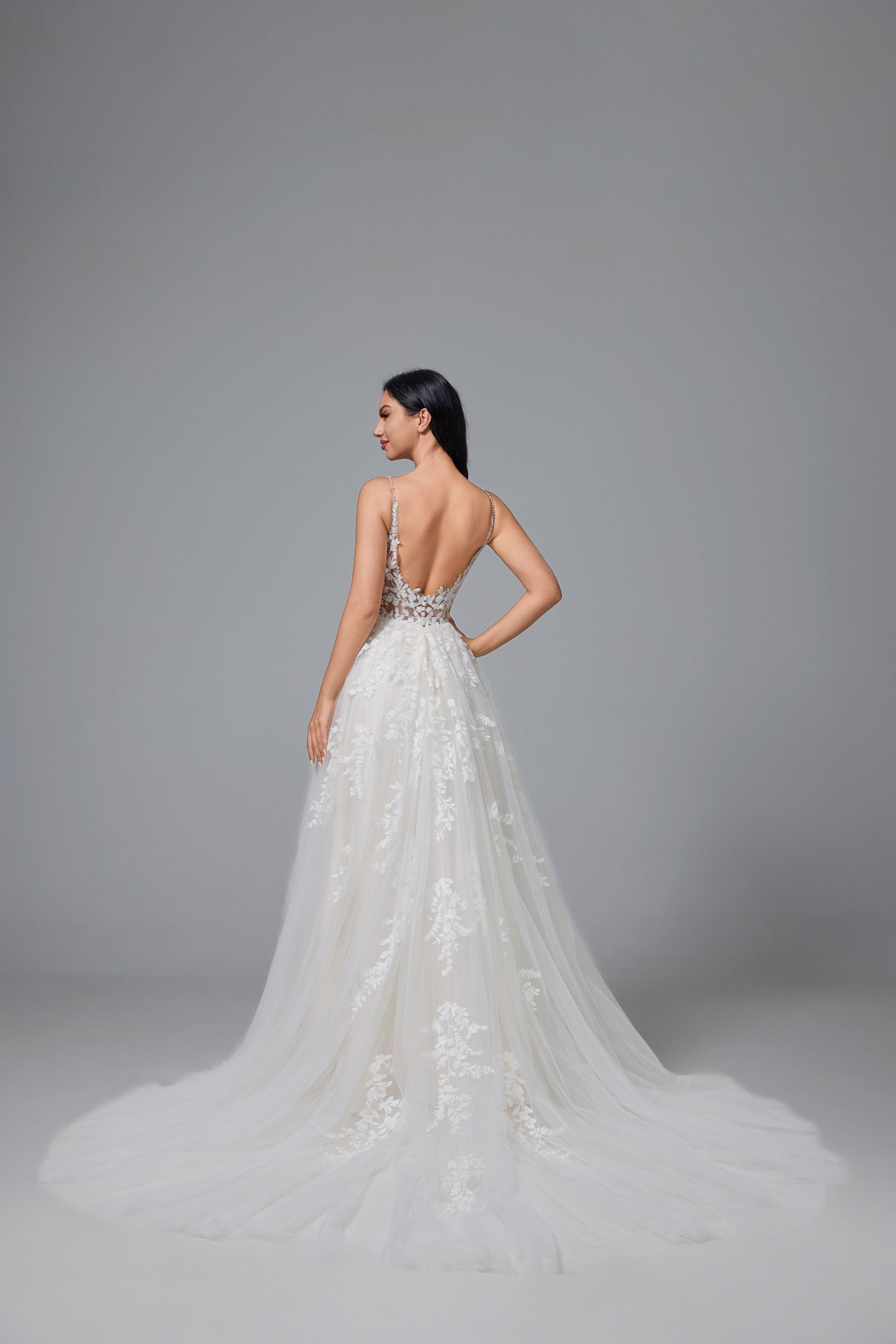 Ball-Gown Lace Tulle Chapel Train V-neck Handmade Wedding Dress LVB2515