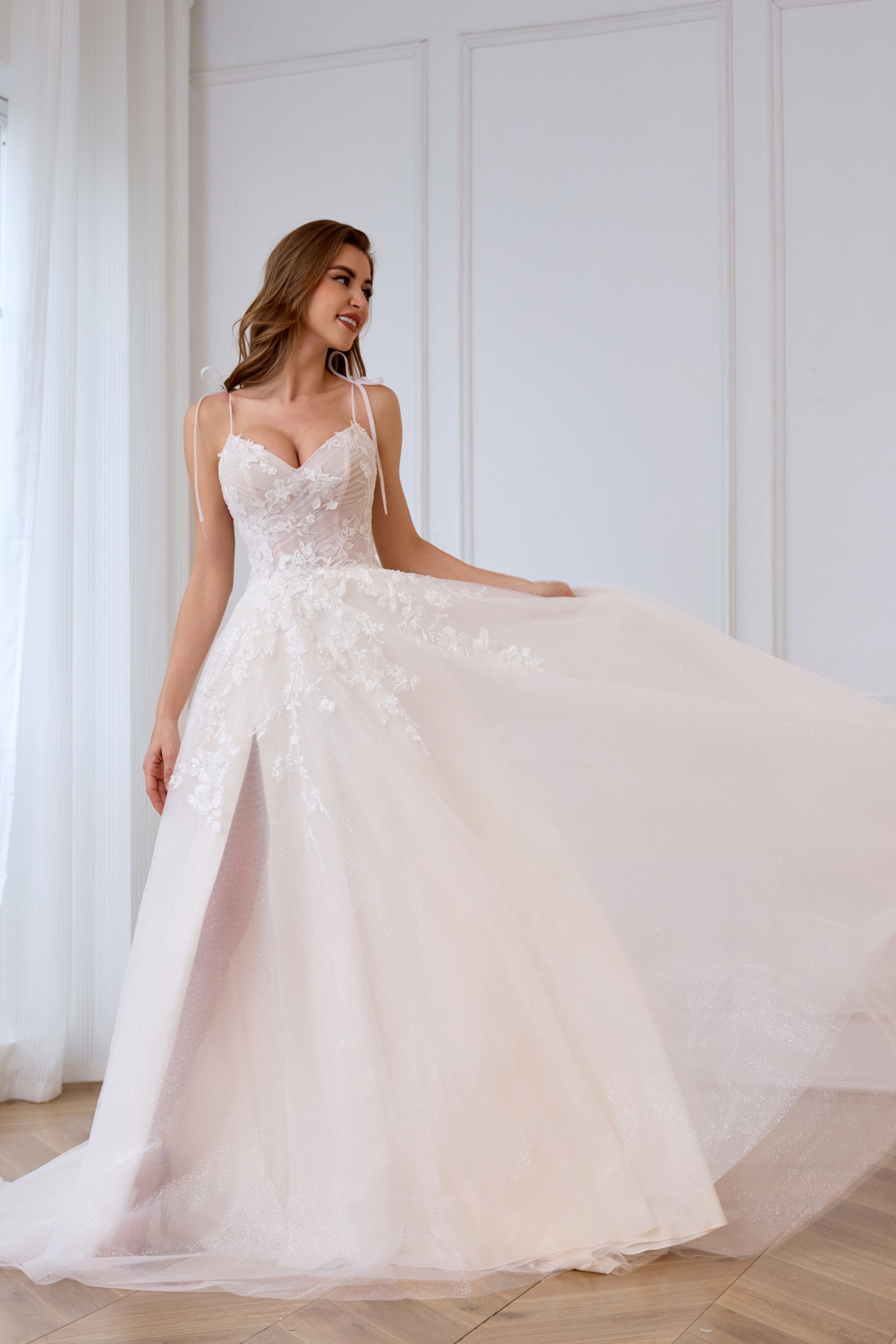 Lavish glittering Plunge floral flowing&nbsp;A-line slit wedding dress LVB2622 by AND Bride