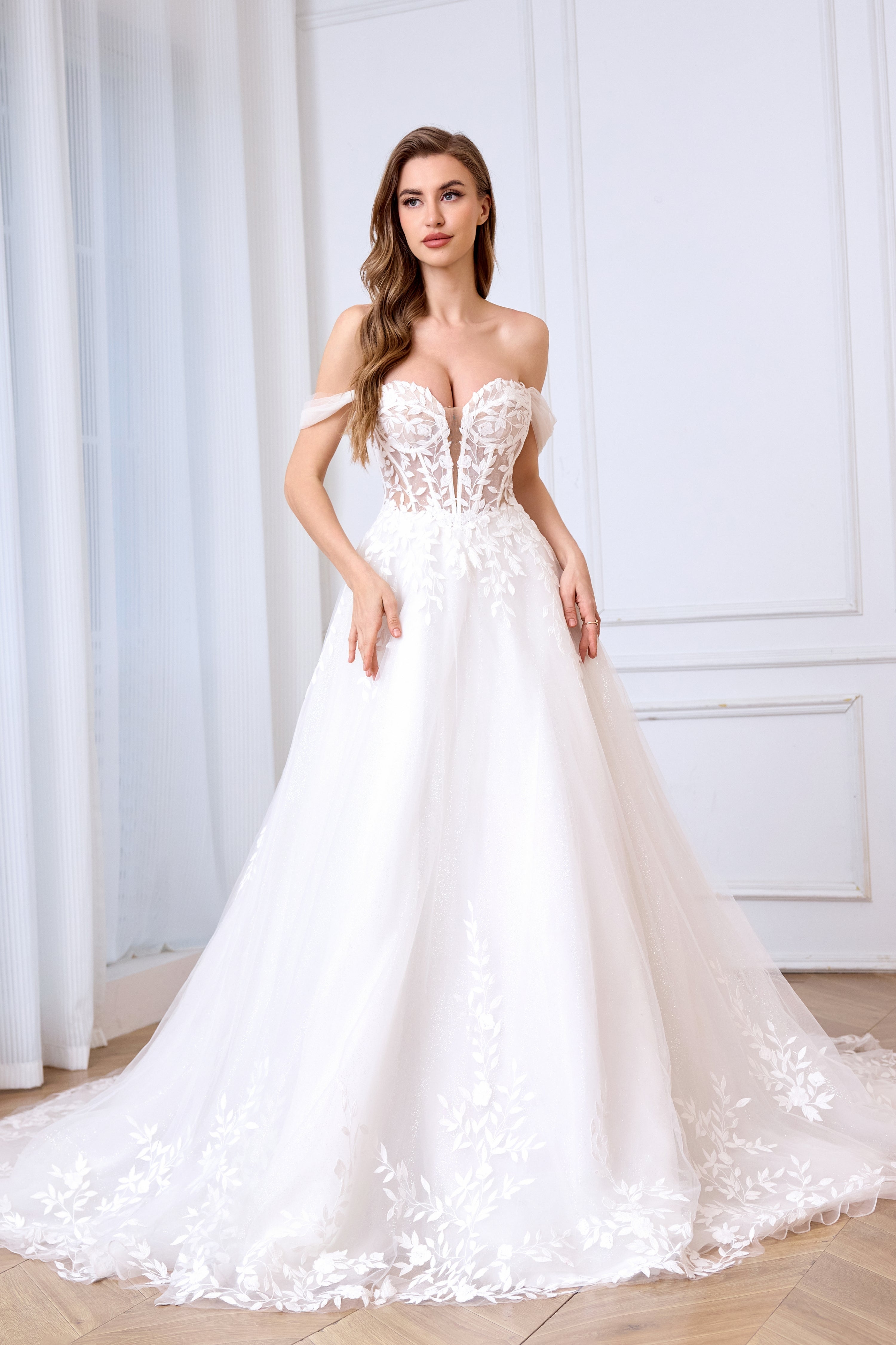 sexy floral lace wedding dress with an illusion corset back and plunging neckline LVB2601 by AND Bride
