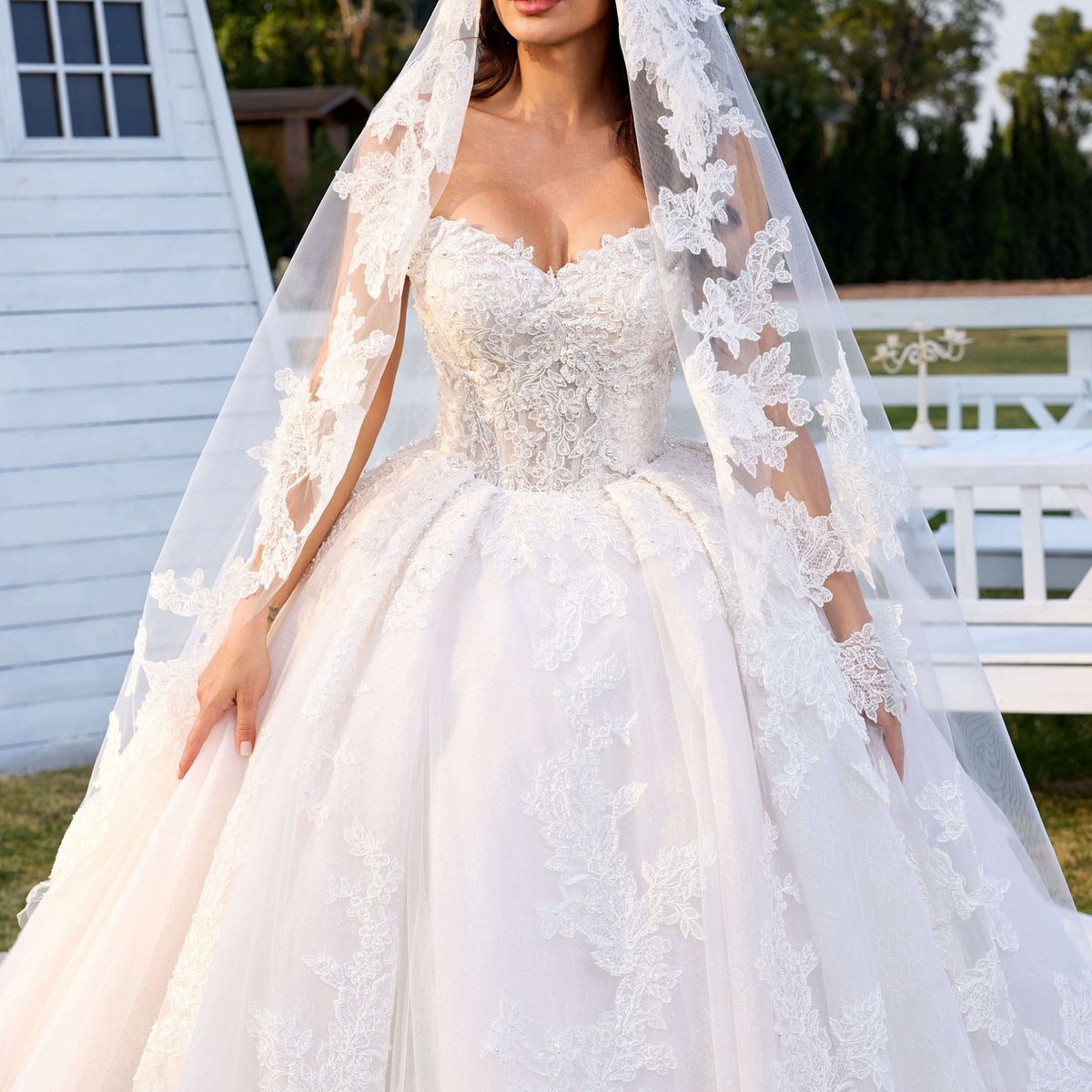 ball gown wedding dress with long veil Dramatic Tulle Bridal Veil with Lace