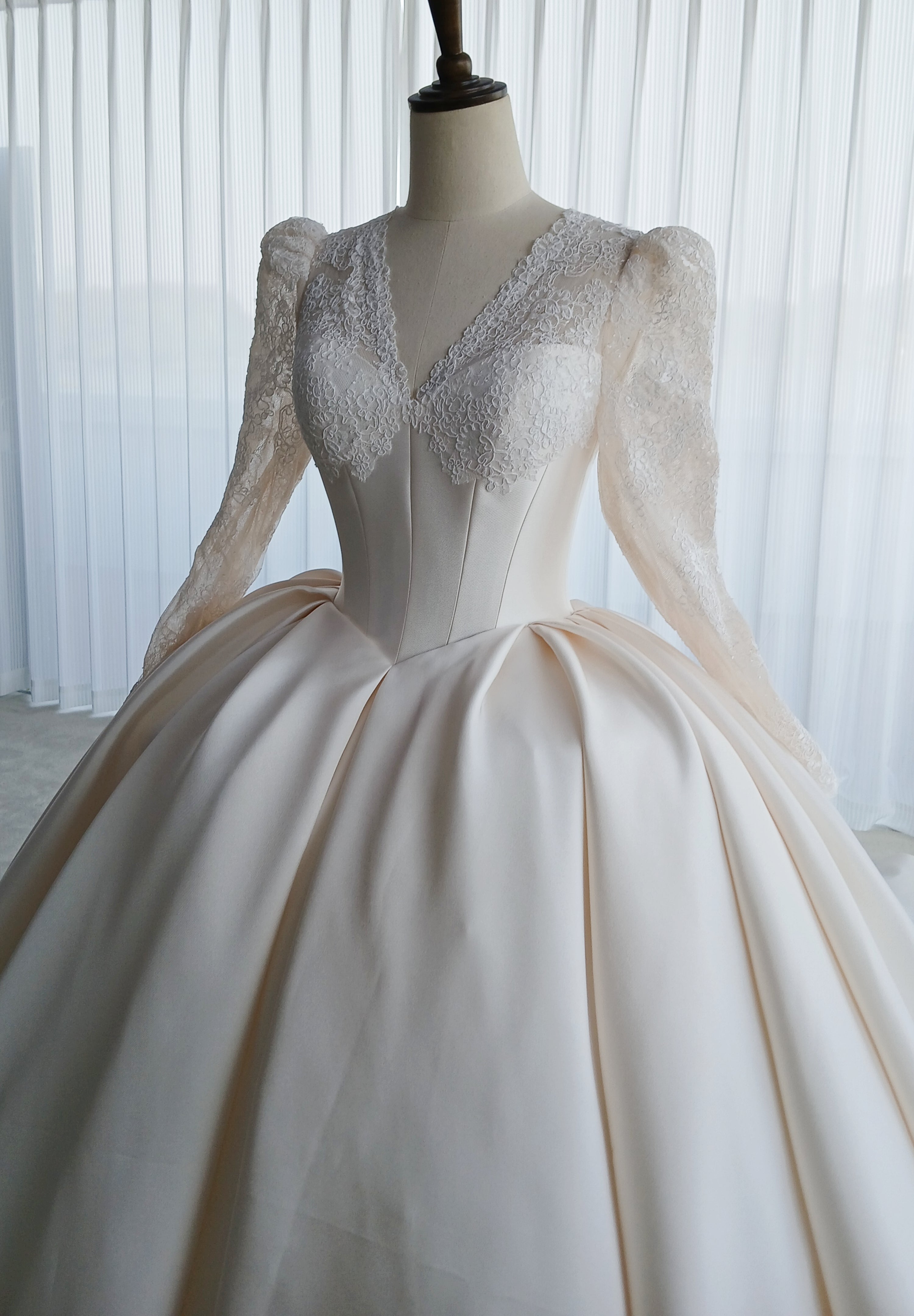 Lace Satin Ball Gown Wedding Dress With Long Sleeve LVB2690