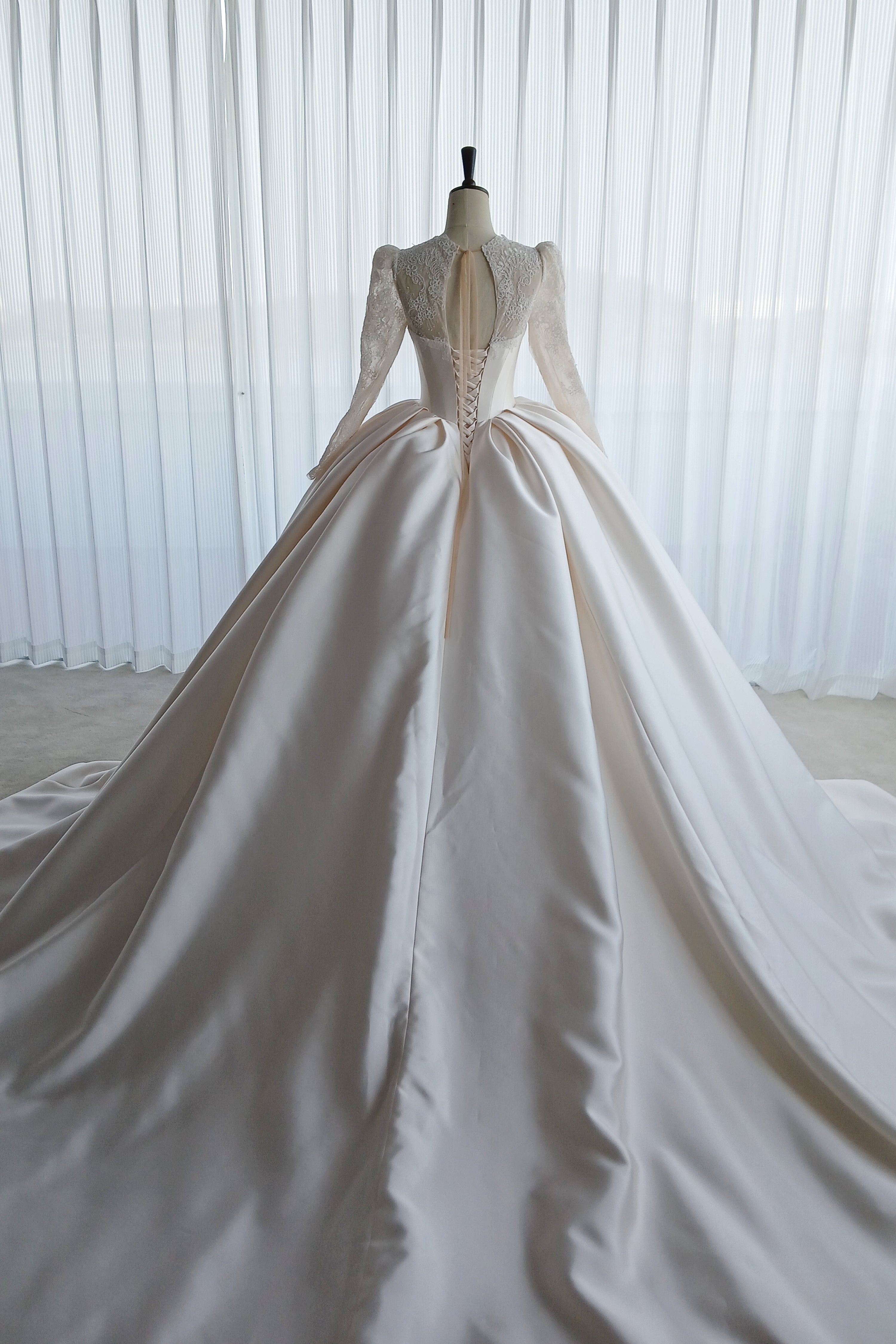 Lace Satin Ball Gown Wedding Dress With Long Sleeve LVB2690