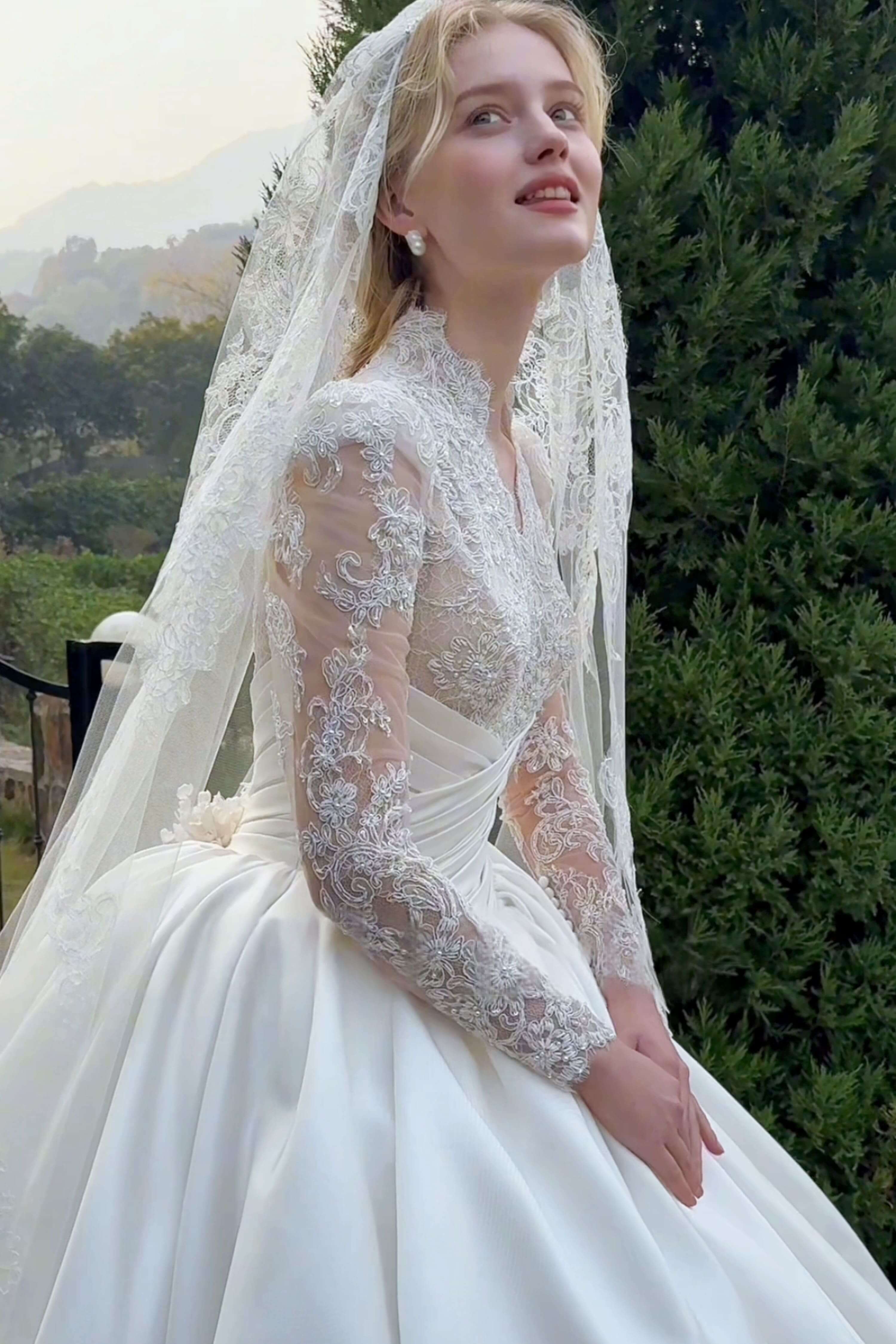 TIANA -Ivory & Champagne lace satin Cathedral Train Ball Gown WEDDING DRESS  LVB2721