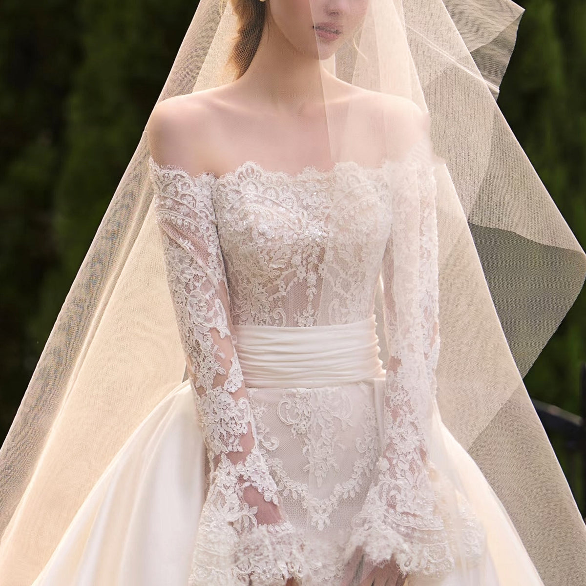First Dance-Ivory & Champagne lace wedding dress with detachable satin