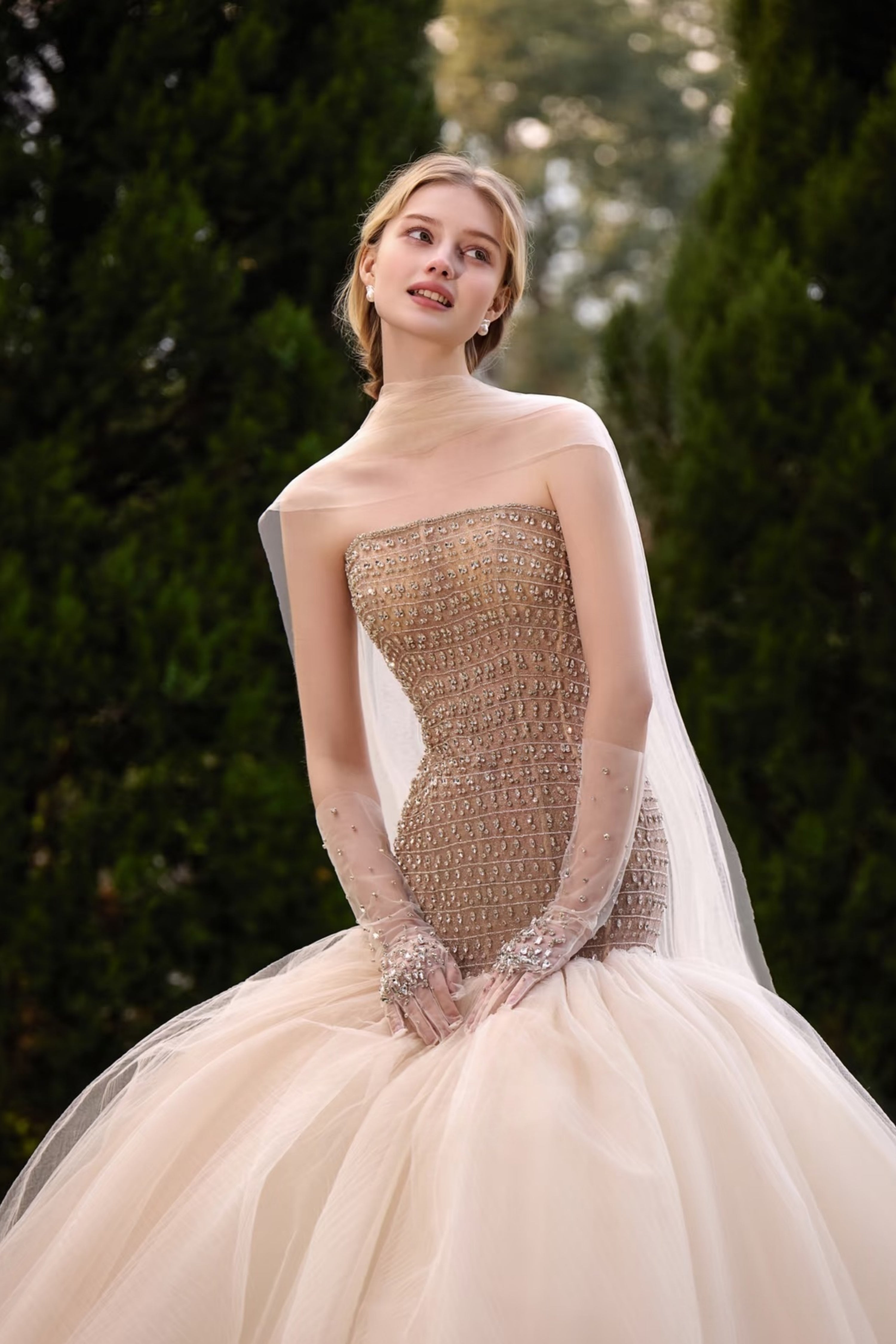 Luxury Champagne stunning strapless mermaid wedding gown with gloves  LVB2746