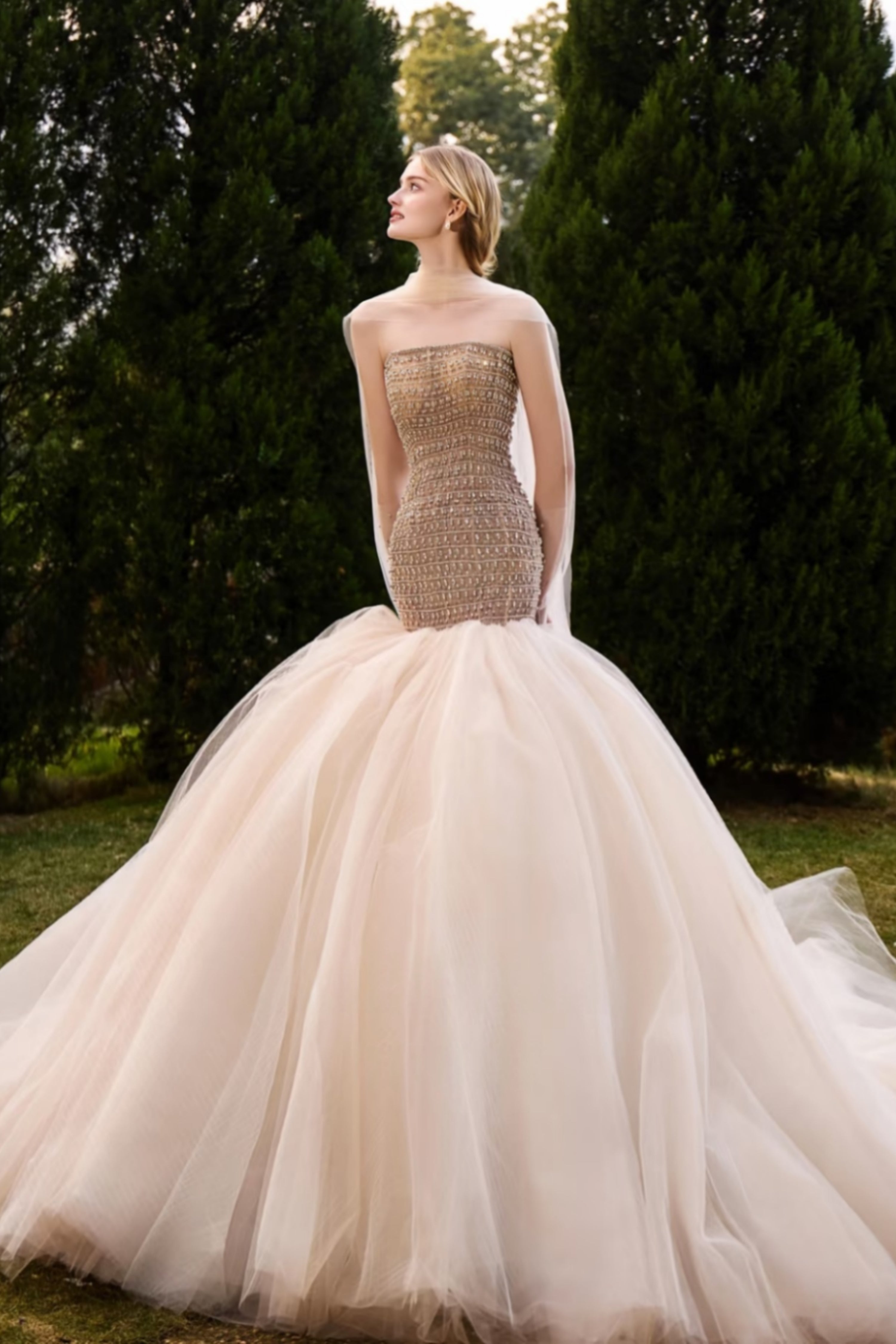 Luxury Champagne stunning strapless mermaid wedding gown with gloves  LVB2746