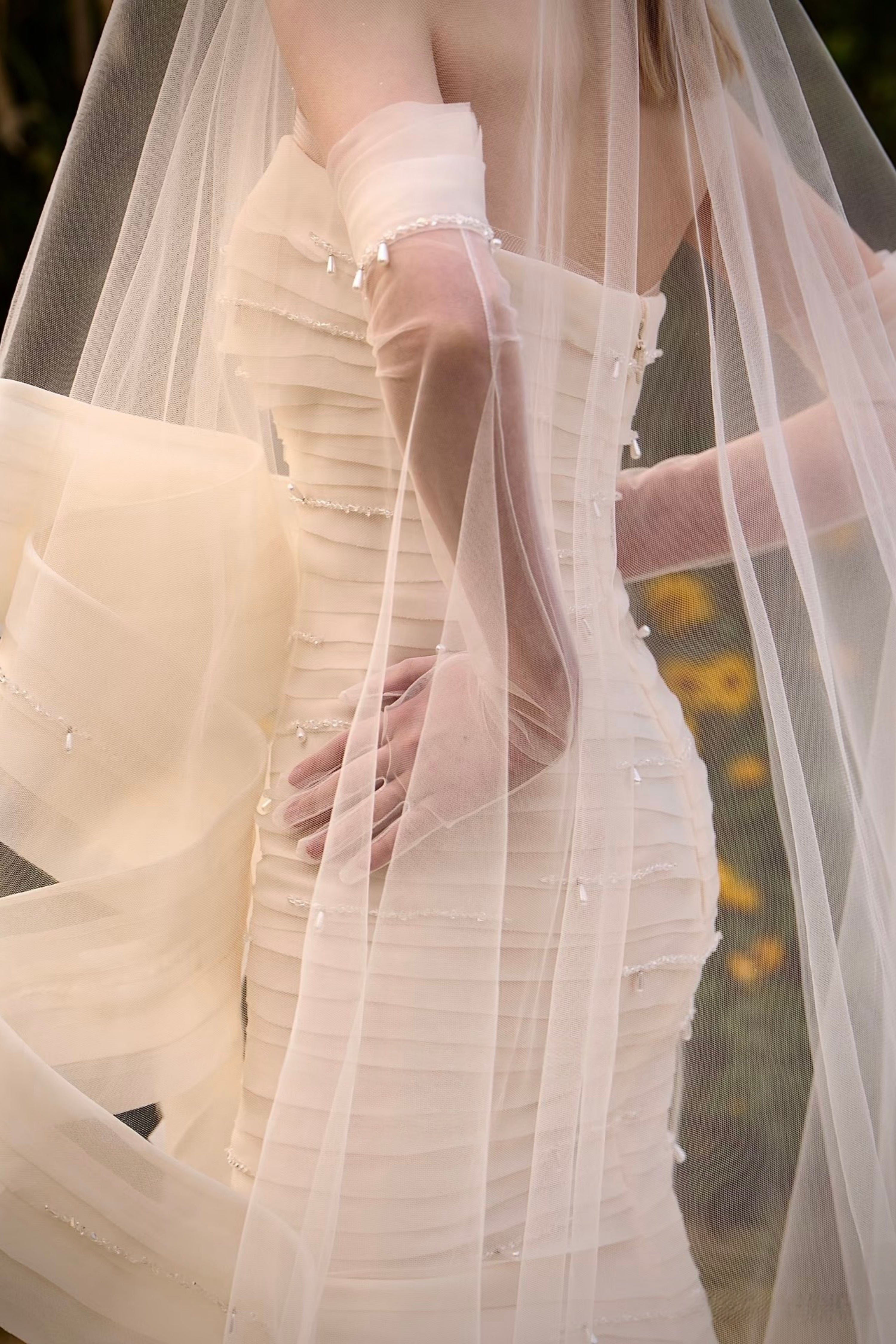 Elegant strapless tiered mermaid wedding gown with veil and gloves LVB2747