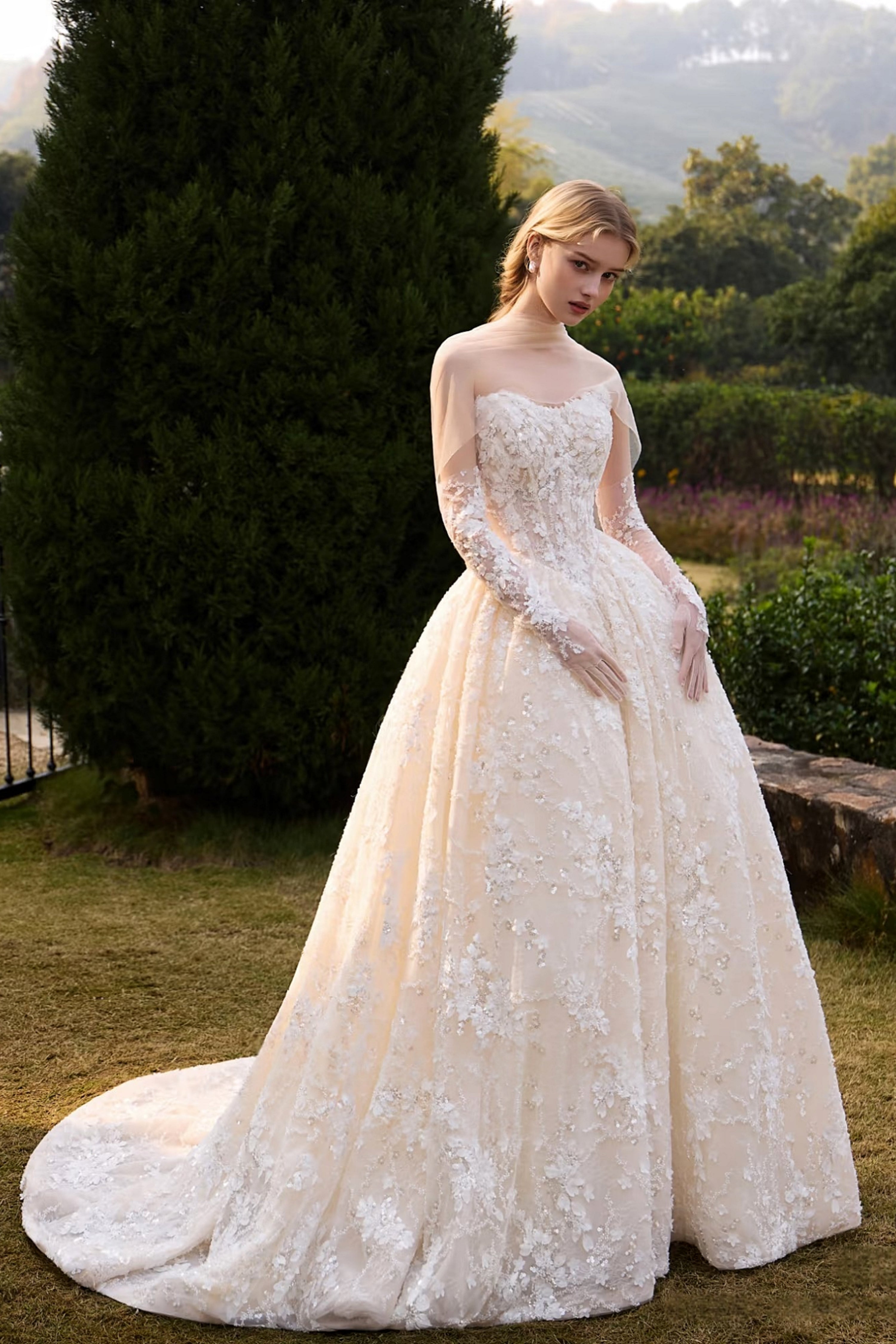 Sleeveless all-over lace beaded wedding gown LVB2748