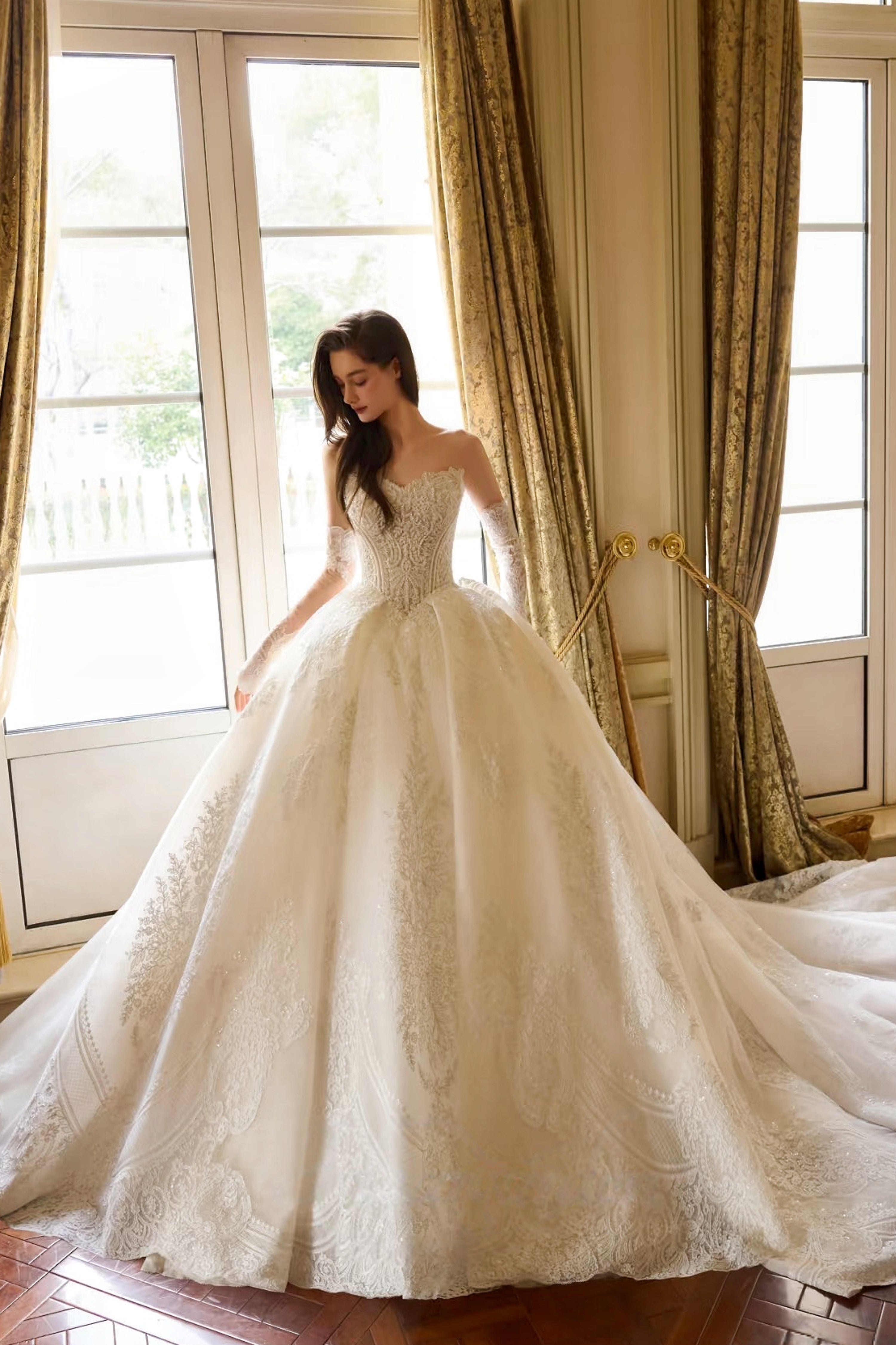 Royal Elowen - Ivory Champagne Heavy Lace Corset Cathedral Train Ball Gown WEDDING DRESS LVB2777