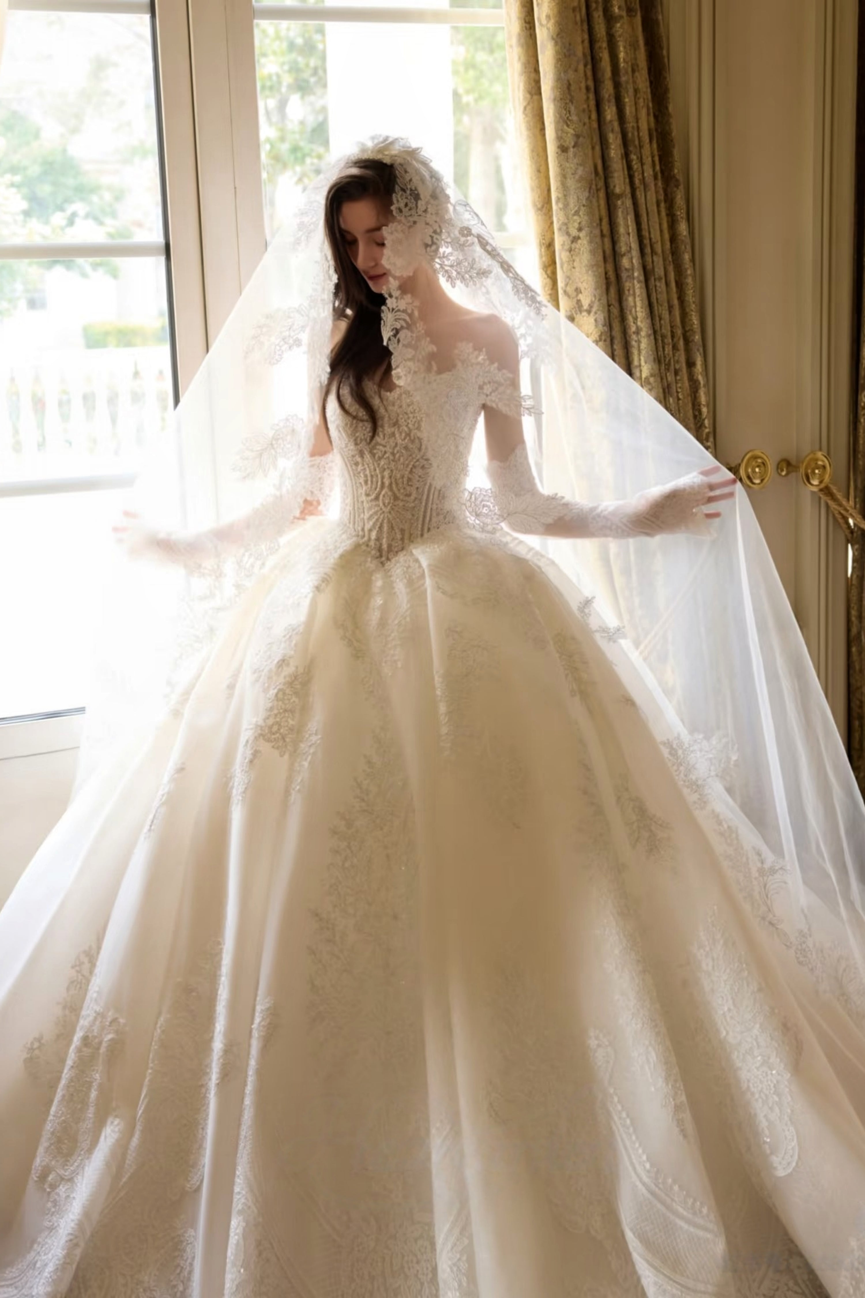 Royal Elowen - Ivory Champagne Heavy Lace Corset Cathedral Train Ball Gown WEDDING DRESS LVB2777